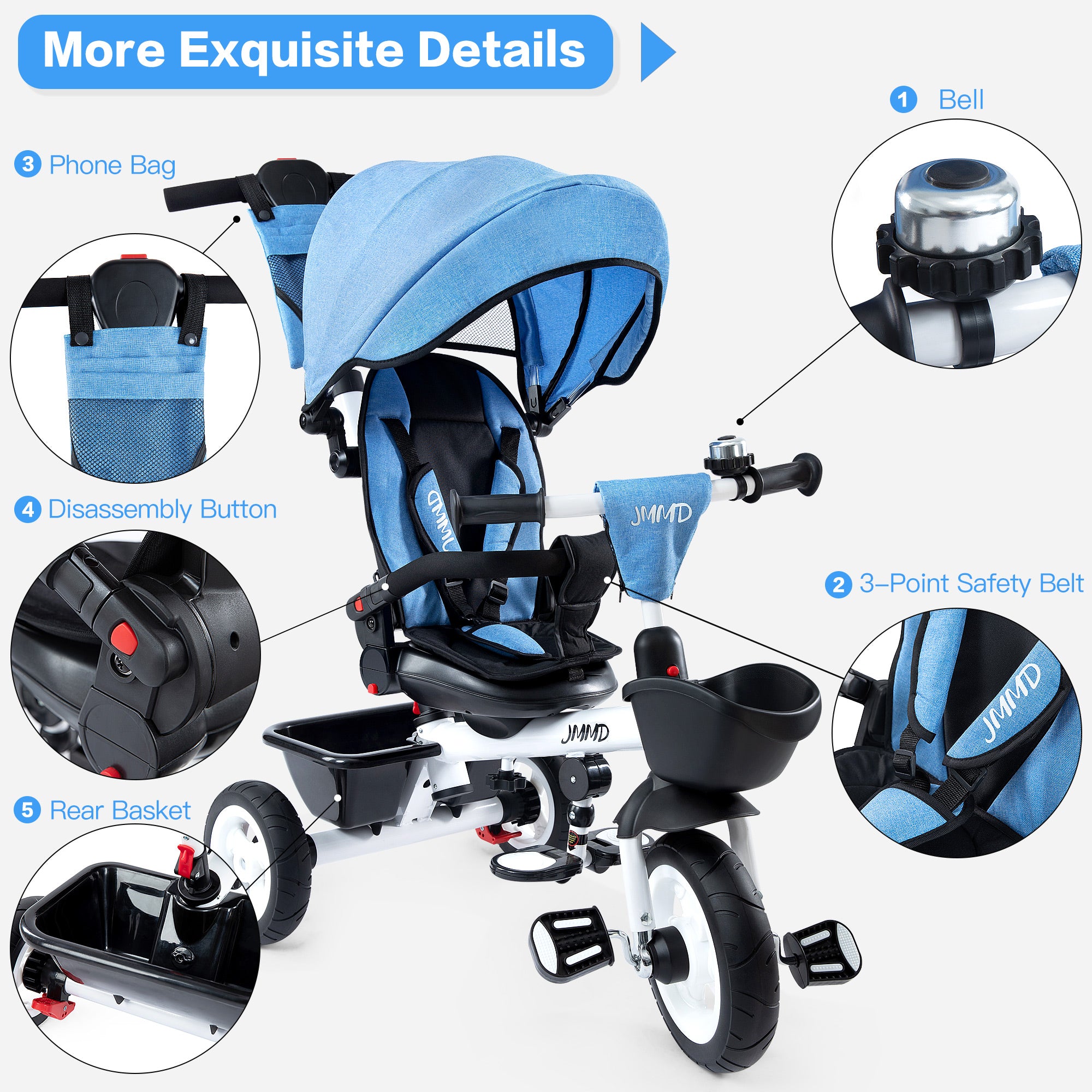#color_denim-blue JMMD B31 Starter Trike in Denim Blue showing bell, phone bag, 3-point safety belt, disassembly button, rear basket, and storage details