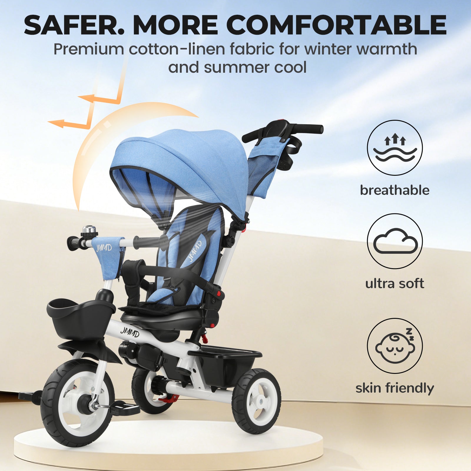 #color_denim-blue JMMD B31 Starter Trike in Denim Blue showing breathable cotton-linen fabric, soft canopy, comfortable seat, and skin-friendly riding comfort