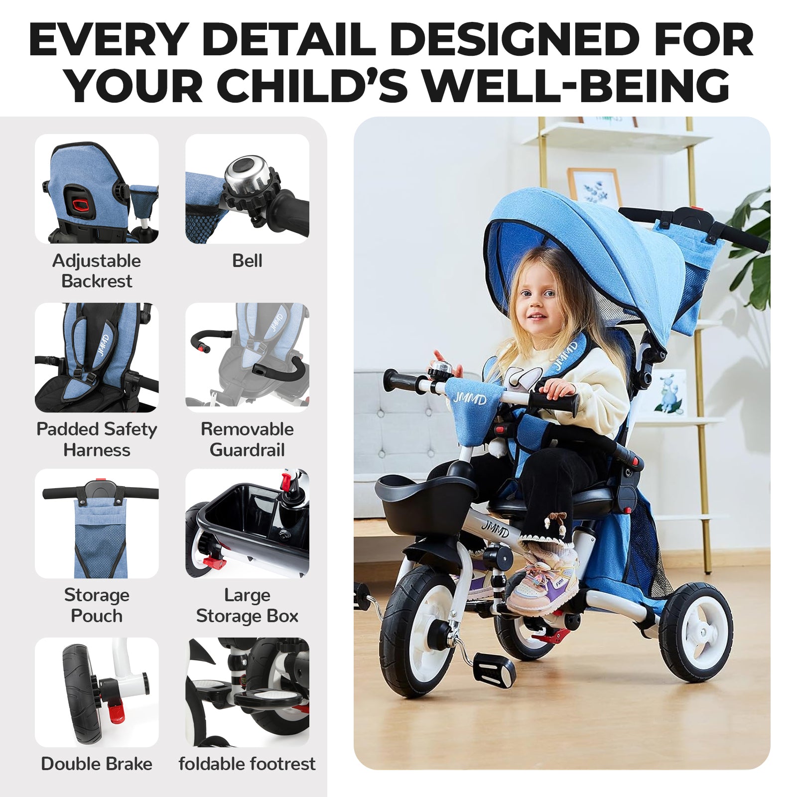 #color_denim-blue JMMD B31 Starter Trike in Denim Blue showing child riding scene with adjustable backrest, bell, padded safety harness, removable guardrail, storage pouch, large storage box, double brake, and foldable footrest