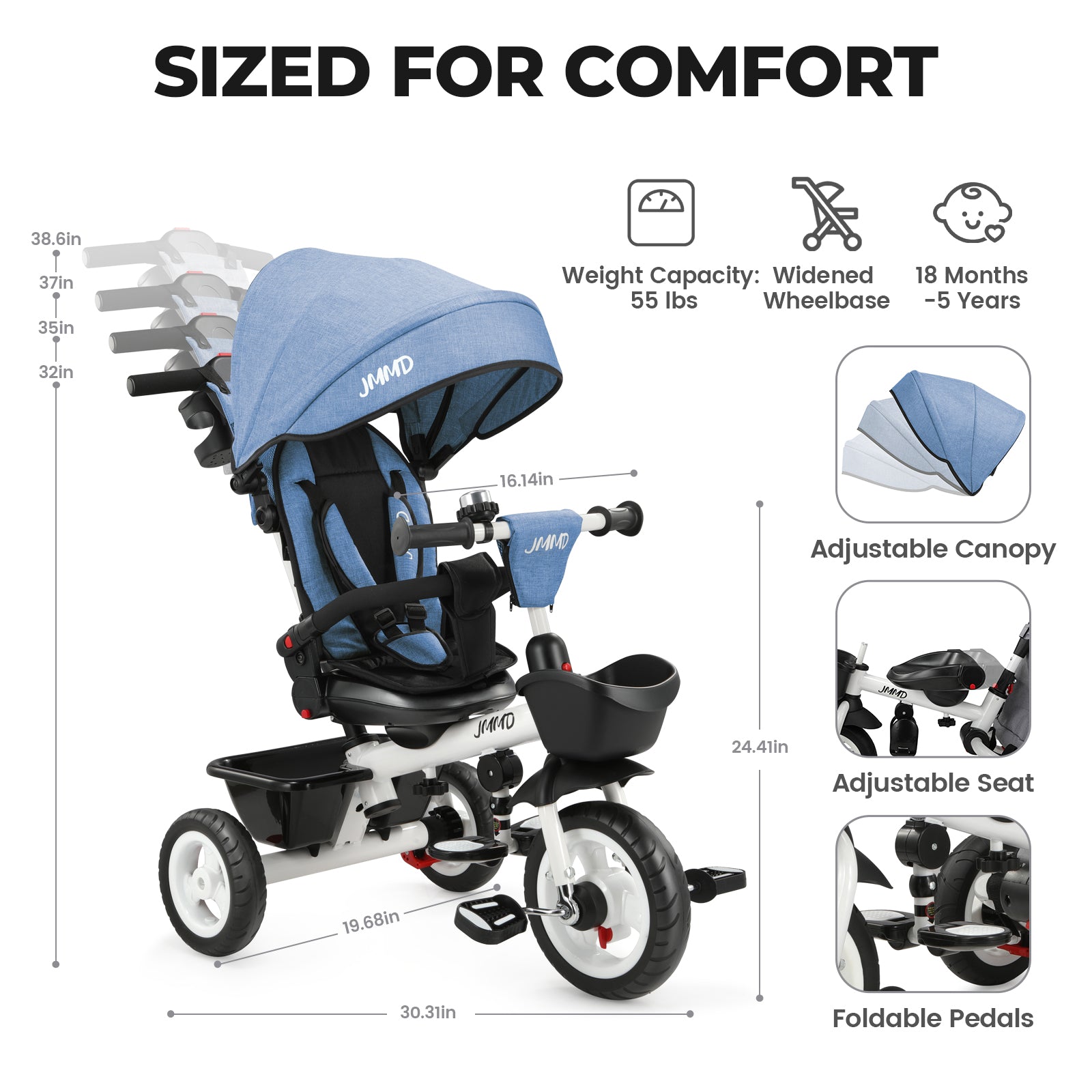 #color_denim-blue JMMD B31 Starter Trike in Denim Blue showing sized-for-comfort design with 18 months to 5 years age range, widened wheelbase, weight capacity, adjustable canopy, adjustable seat, and foldable pedals