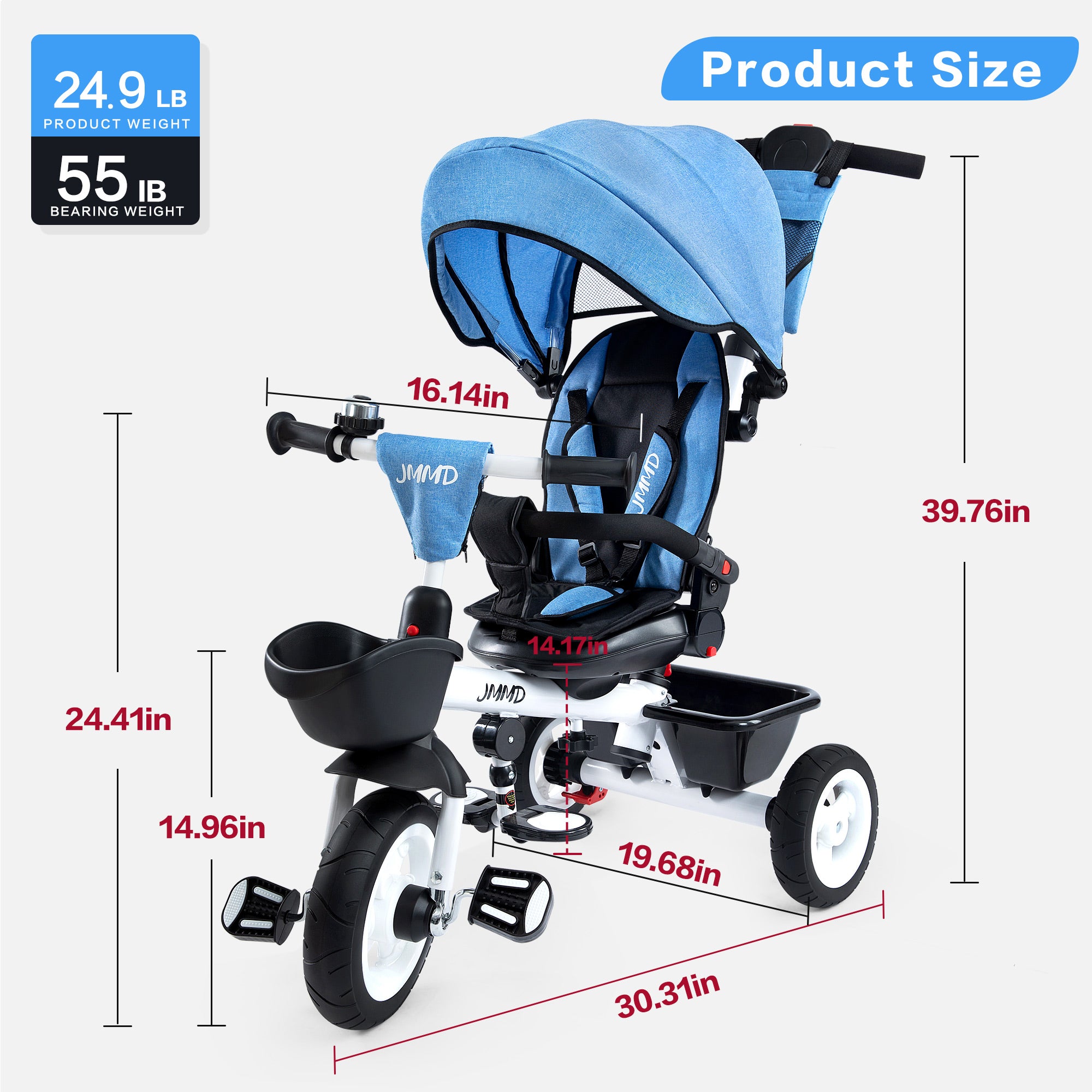 #color_denim-blue JMMD B31 Starter Trike in Denim Blue product size chart showing overall dimensions, product weight, bearing weight, seat height, handlebar height, and length