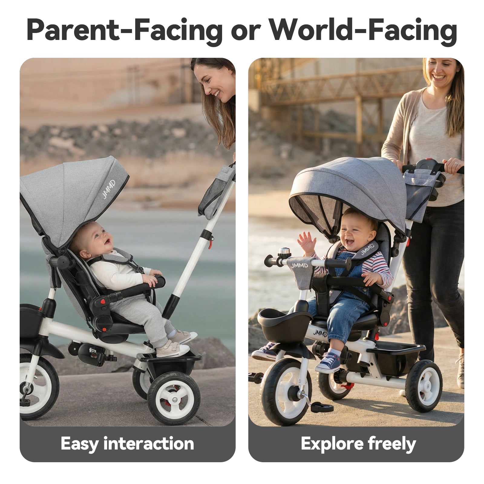 #color_light-grey JMMD B31 Starter Trike in Light Grey showing parent-facing and world-facing riding positions for easy interaction and independent exploration