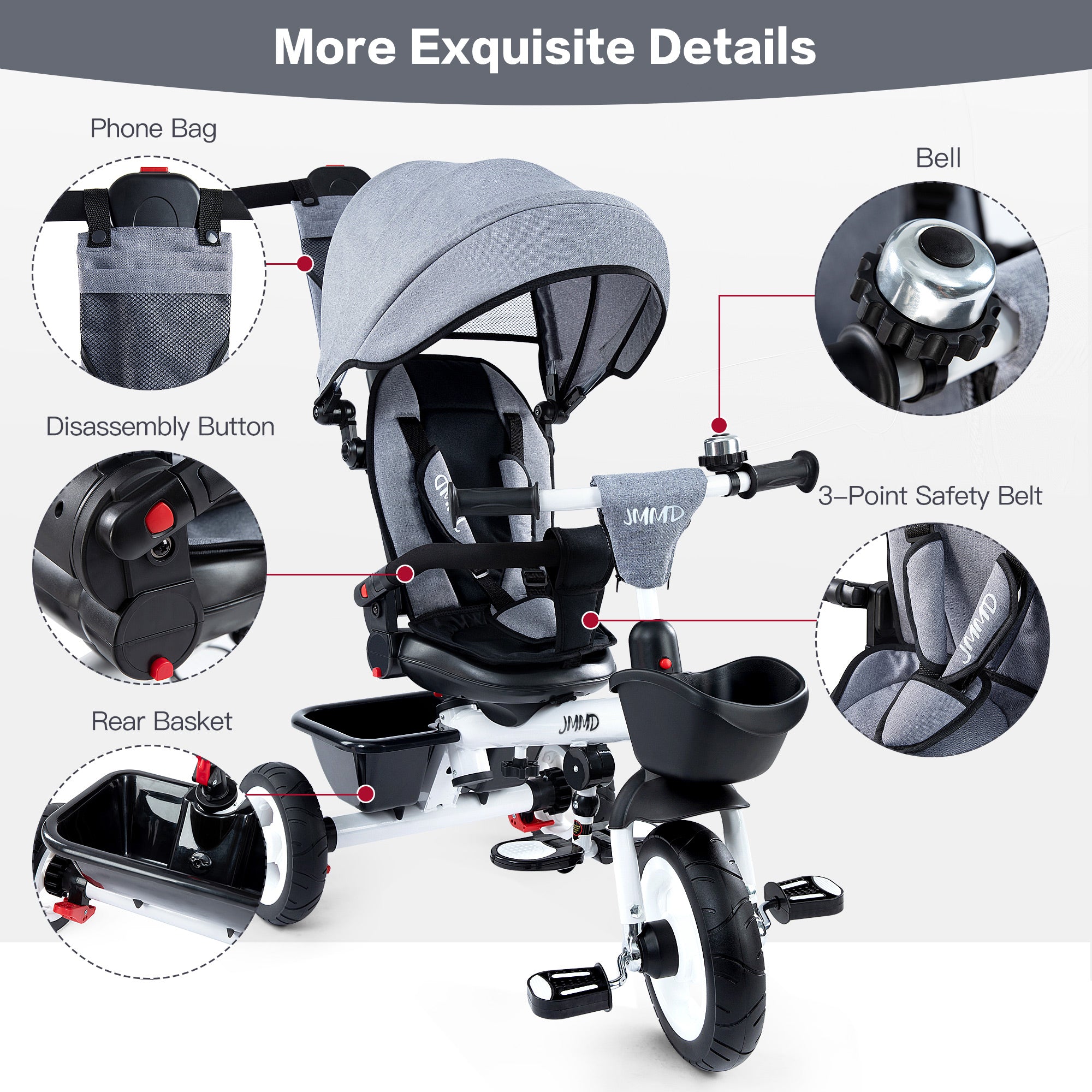 #color_light-grey JMMD B31 Starter Trike in Light Grey showing bell, phone bag, 3-point safety belt, disassembly button, rear basket, and storage details