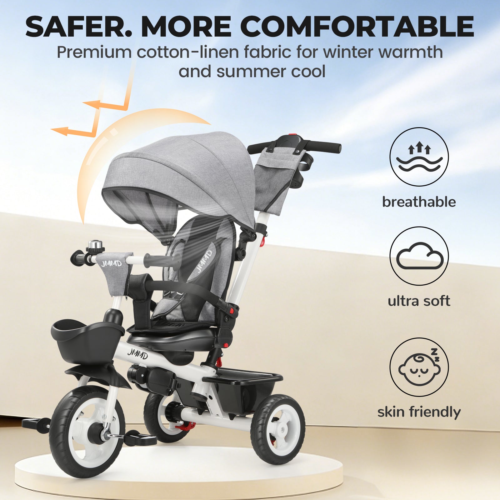 #color_light-grey JMMD B31 Starter Trike in Light Grey showing breathable cotton-linen fabric, soft canopy, comfortable seat, and skin-friendly riding comfort