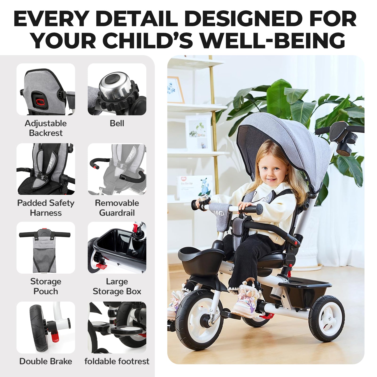 #color_light-grey JMMD B31 Starter Trike in Light Grey showing child riding scene with adjustable backrest, bell, padded safety harness, removable guardrail, storage pouch, large storage box, double brake, and foldable footrest