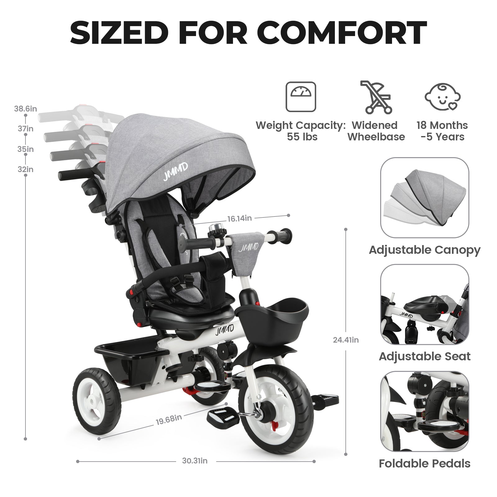 #color_light-grey JMMD B31 Starter Trike in Light Grey showing sized-for-comfort design with 18 months to 5 years age range, widened wheelbase, weight capacity, adjustable canopy, adjustable seat, and foldable pedals