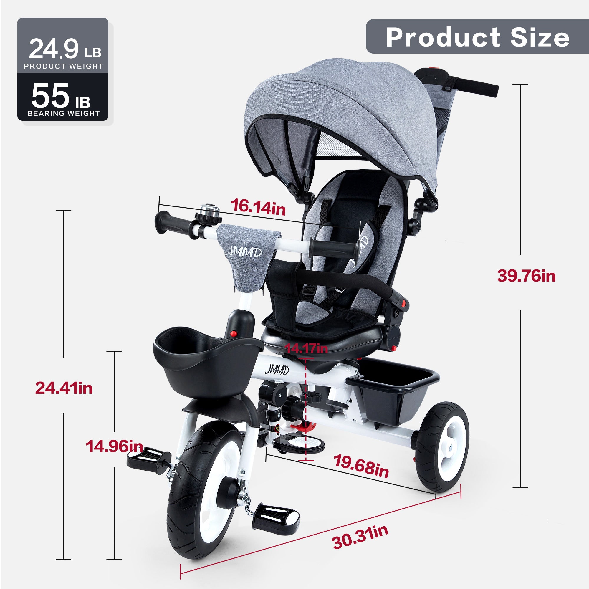 #color_light-grey JMMD B31 Starter Trike in Light Grey product size chart showing overall dimensions, product weight, bearing weight, seat height, handlebar height, and length
