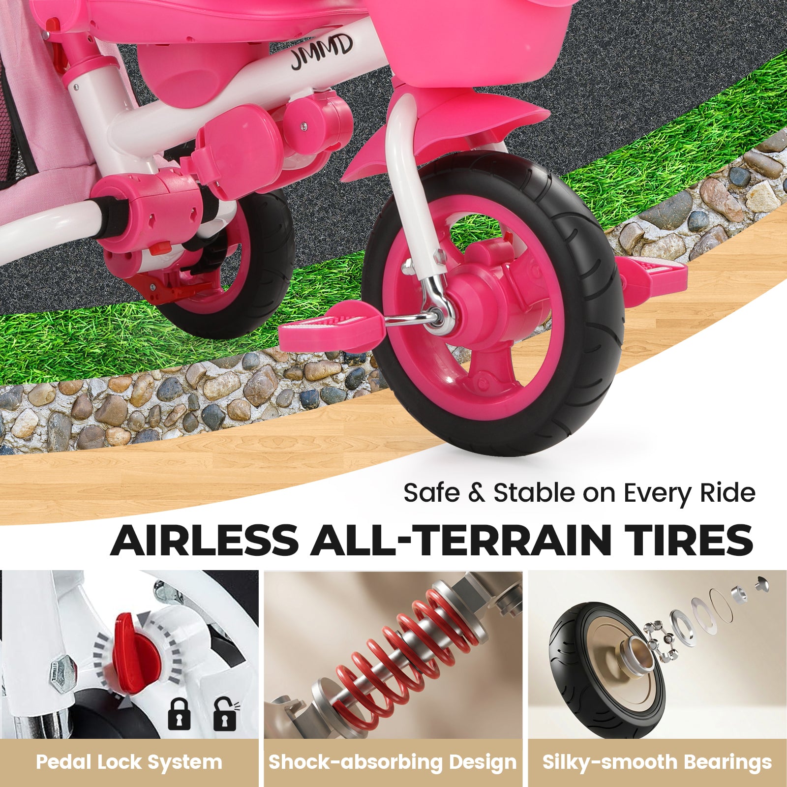 #color_soft-pink JMMD B31 Starter Trike in Soft Pink showing airless all-terrain tires, pedal lock system, shock-absorbing design, and smooth bearings