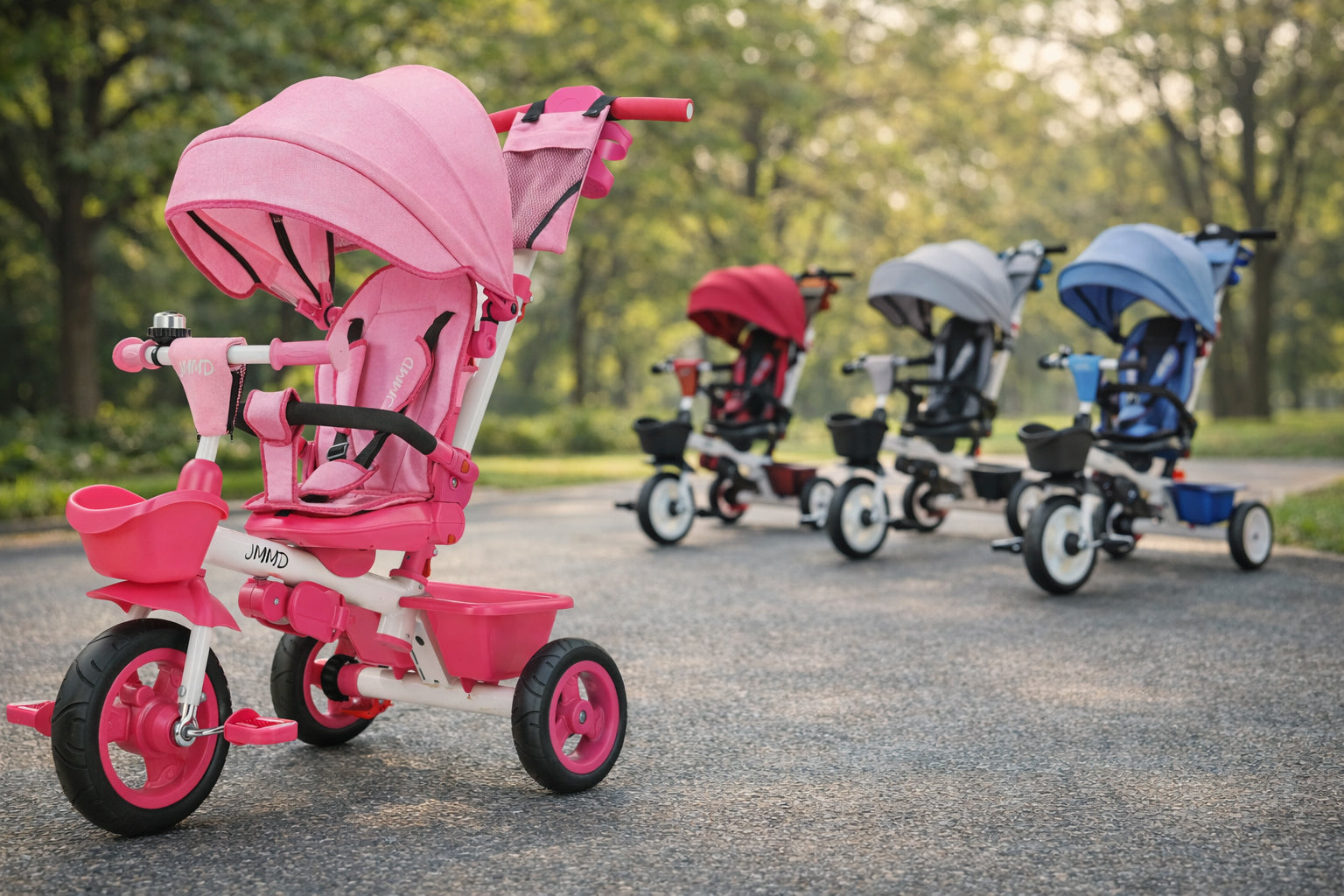 JMMD B31 toddler tricycle with push handle in multiple colors displayed outdoors, suitable for kids ages 1 to 5