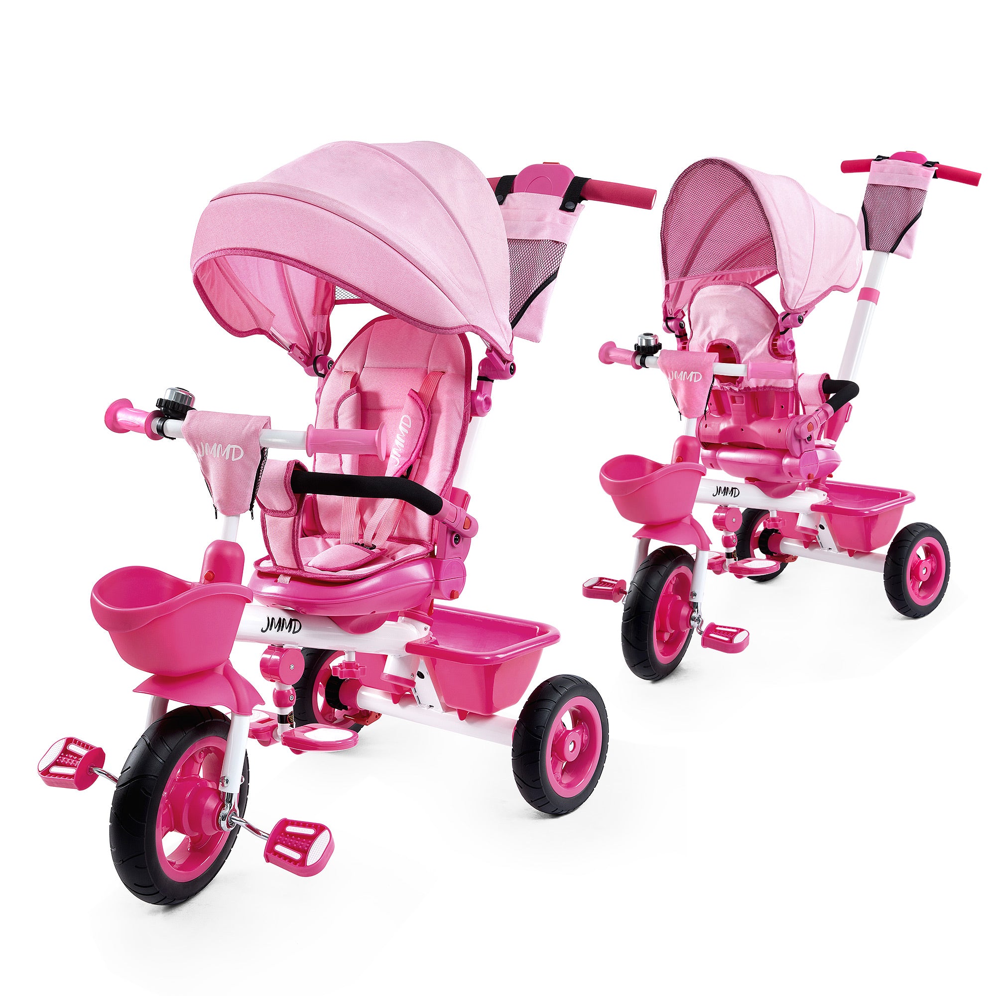JMMD B31 toddler tricycle with canopy and storage basket front and rear view