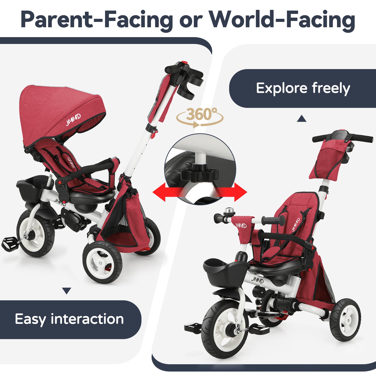 #color_burgundy-red JMMD B56 8-in-1 Family Trike in Burgundy Red showing parent-facing and world-facing seat positions with 360-degree rotation