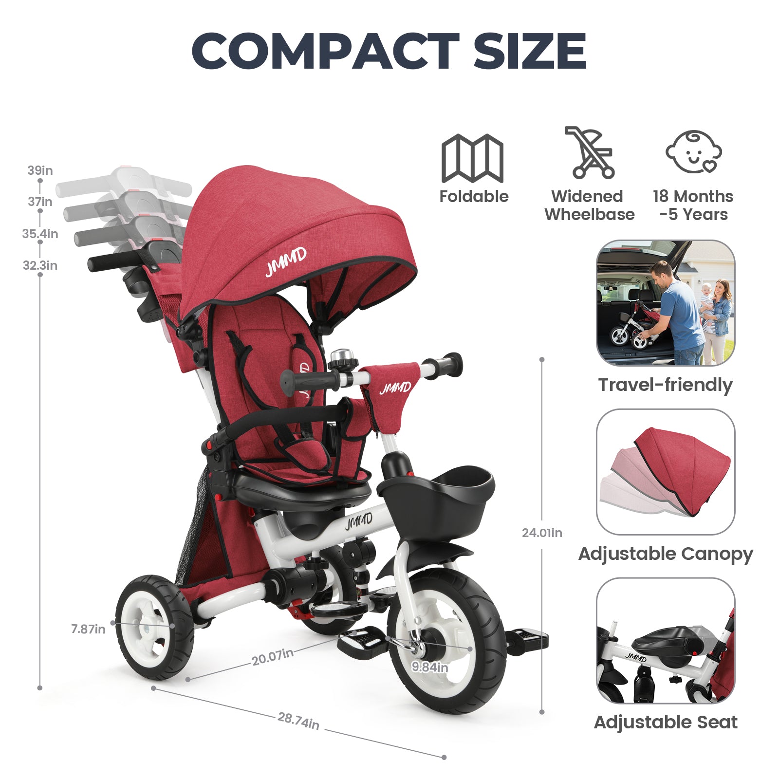 #color_burgundy-red JMMD B56 8-in-1 Family Trike in Burgundy Red showing compact size, foldable design, widened wheelbase, adjustable canopy, and adjustable seat