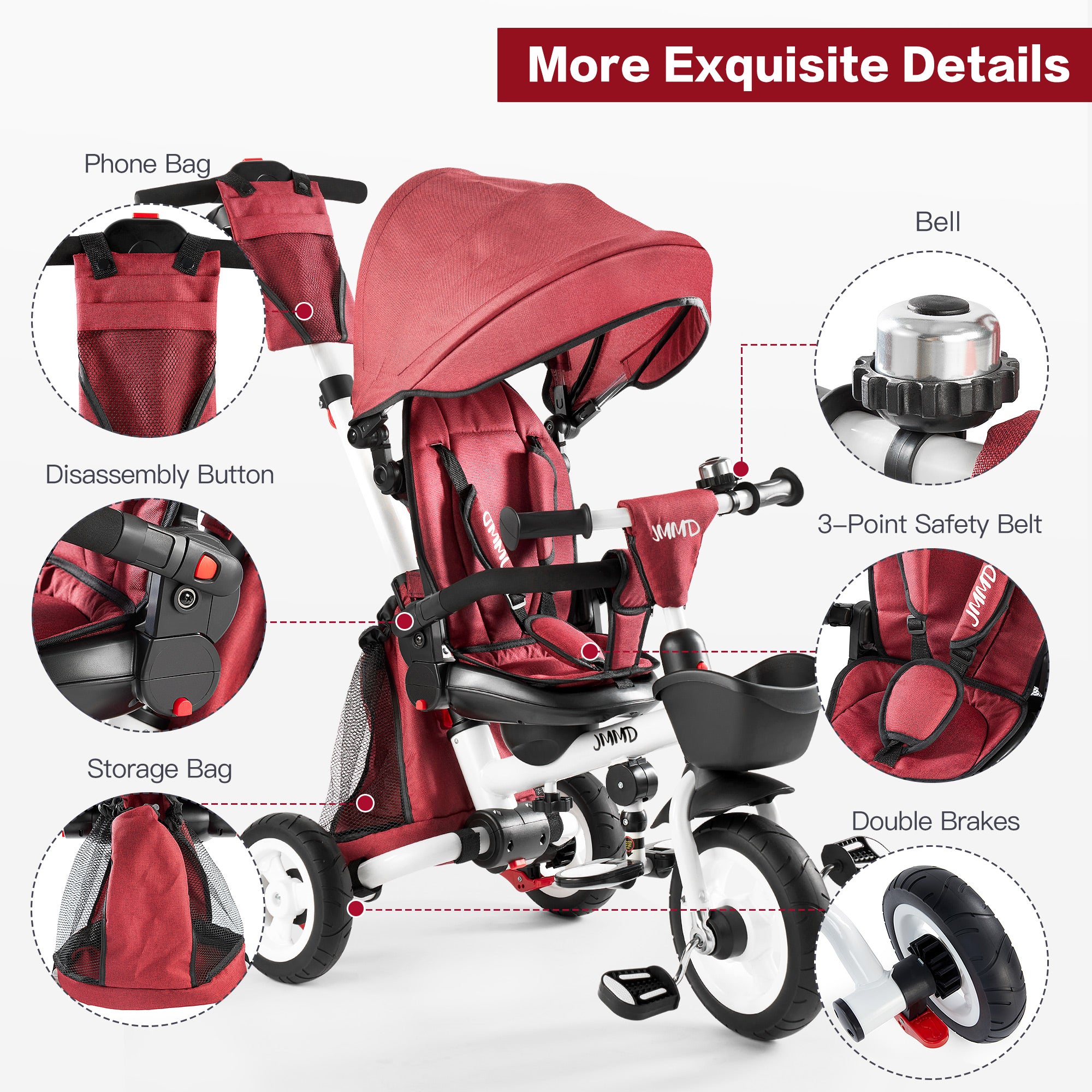 #color_burgundy-red JMMD B56 8-in-1 Family Trike in Burgundy Red showing phone bag, bell, 3-point safety belt, storage bag, disassembly button, and double brakes