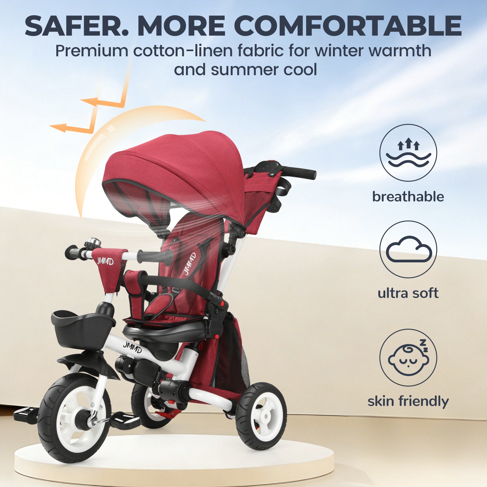 #color_burgundy-red JMMD B56 8-in-1 Family Trike in Burgundy Red showing breathable cotton-linen fabric, soft seat padding, and skin-friendly comfort features