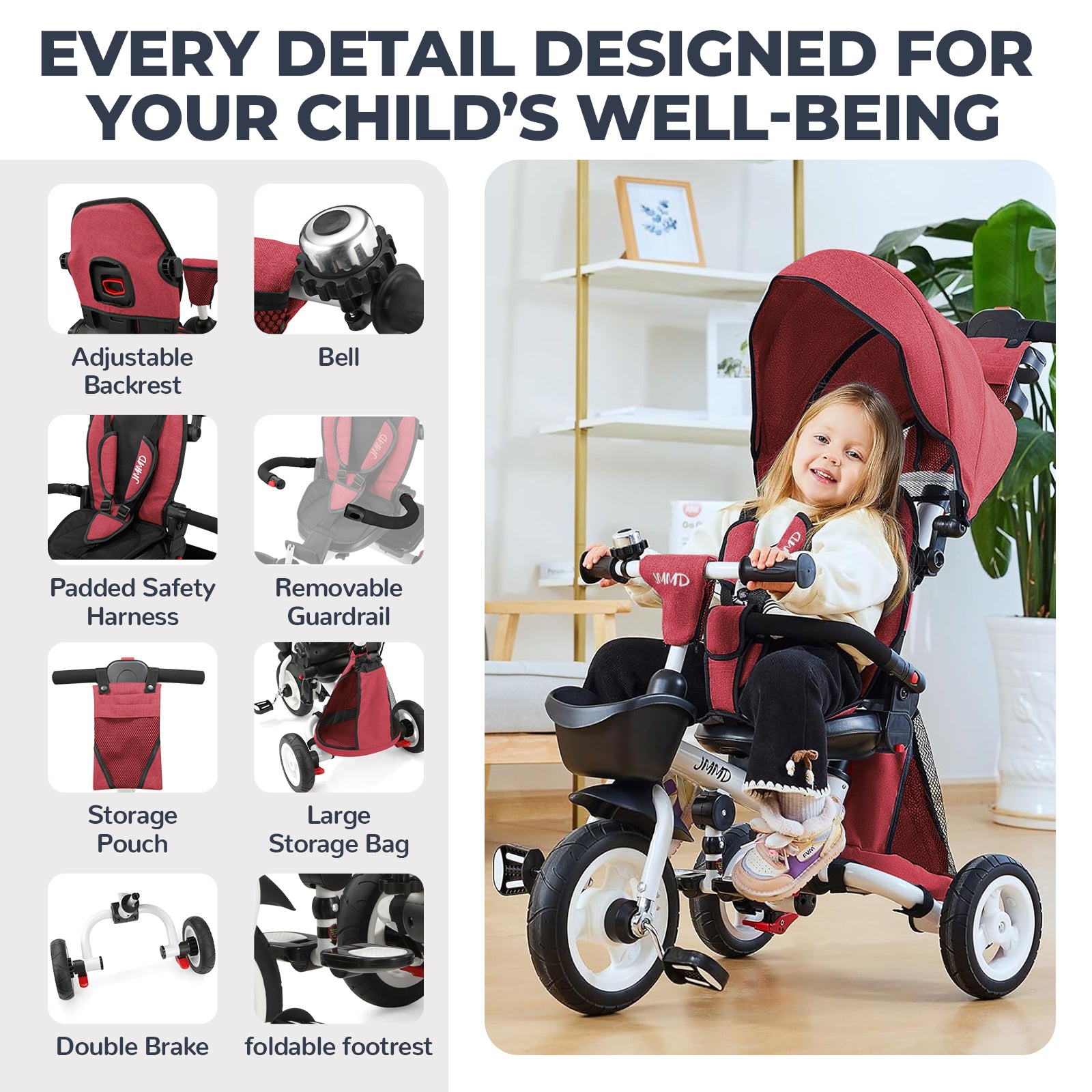 #color_burgundy-red JMMD B56 8-in-1 Family Trike in Burgundy Red showing adjustable backrest, bell, padded safety harness, removable guardrail, storage pouch, large storage bag, double brake, and foldable footrest