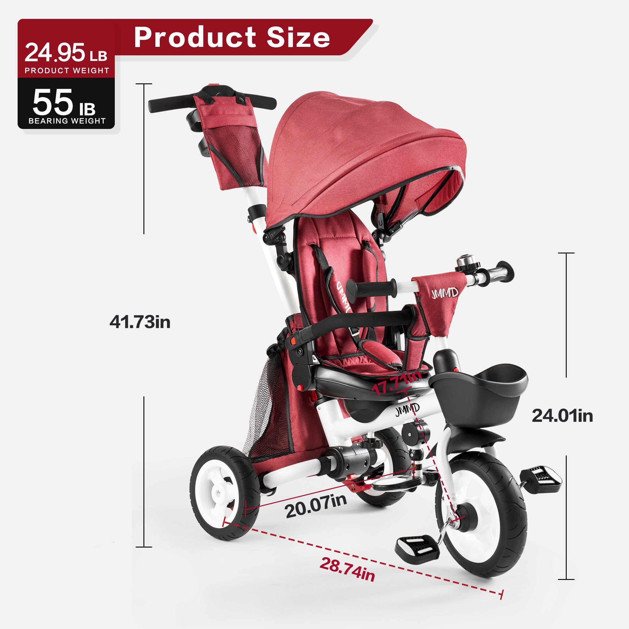 #color_burgundy-red JMMD B56 8-in-1 Family Trike in Burgundy Red product size and weight chart showing overall dimensions, product weight, and bearing weight