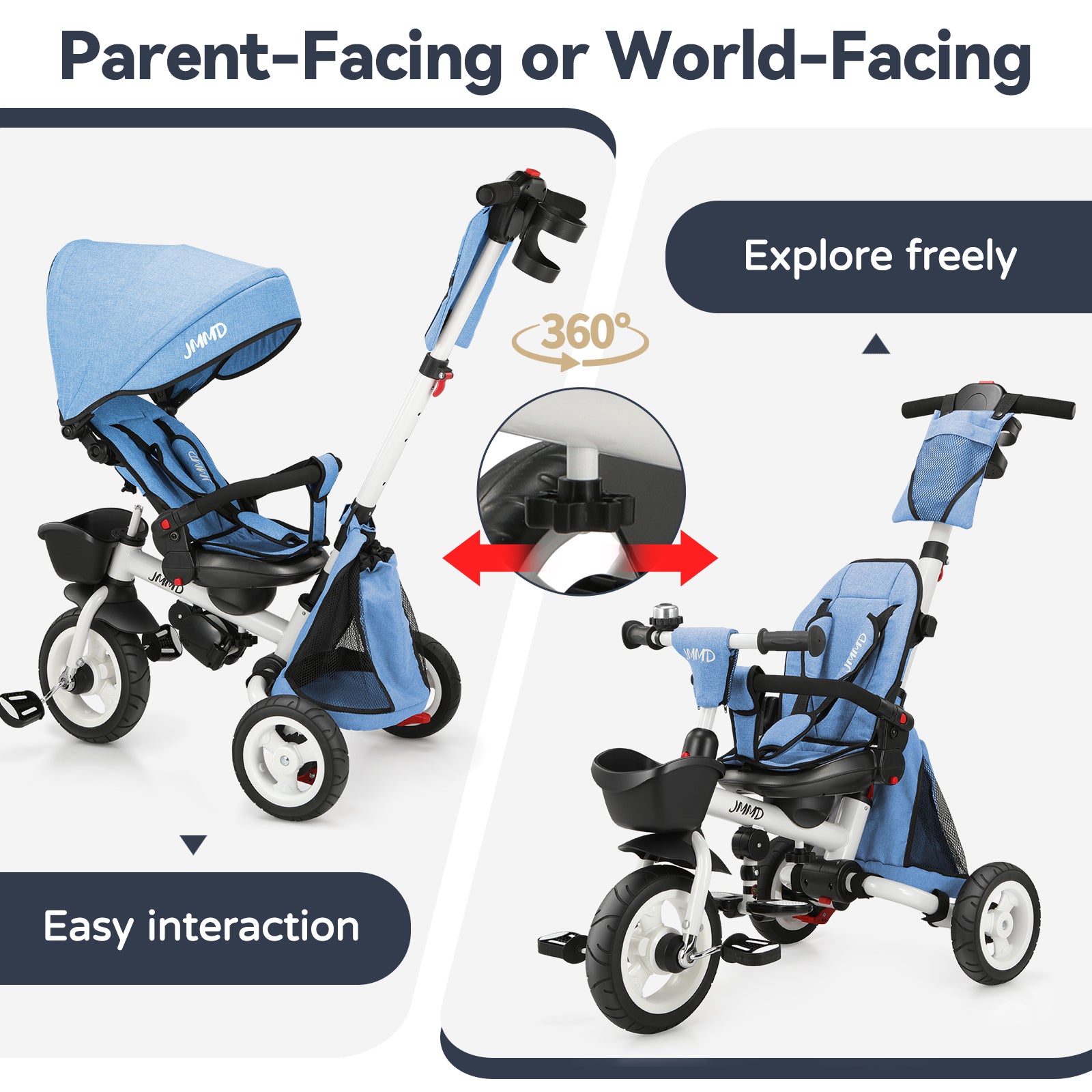 #color_denim-blue JMMD B56 8-in-1 Family Trike in Denim Blue showing parent-facing and world-facing seat positions with 360-degree rotation