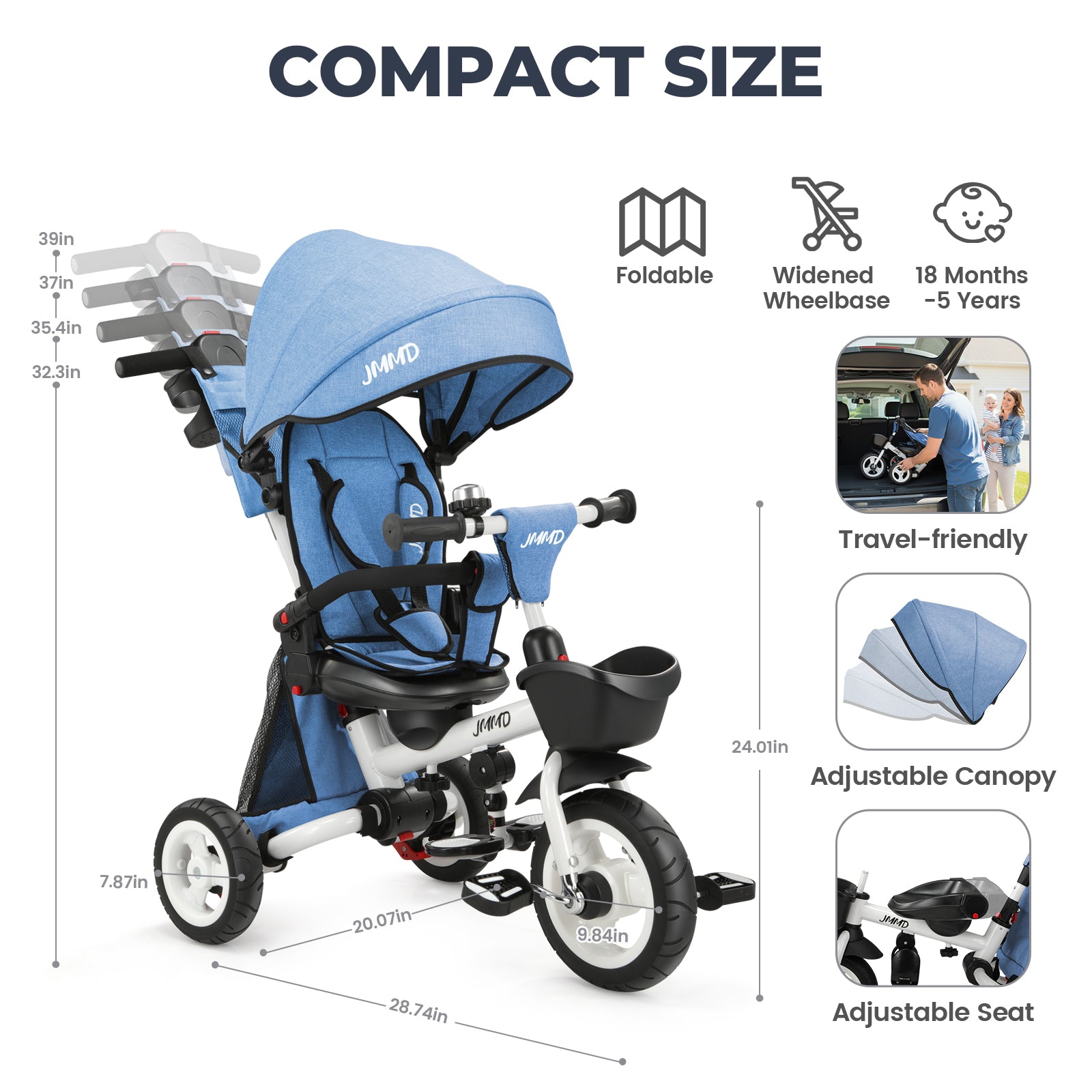 #color_denim-blue JMMD B56 8-in-1 Family Trike in Denim Blue showing compact size, foldable design, widened wheelbase, adjustable canopy, and adjustable seat