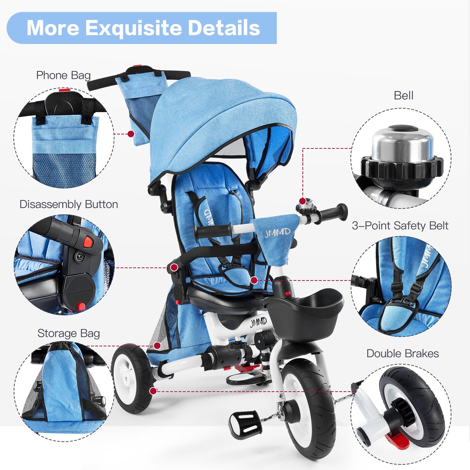 #color_denim-blue JMMD B56 8-in-1 Family Trike in Denim Blue showing phone bag, bell, 3-point safety belt, storage bag, disassembly button, and double brakes
