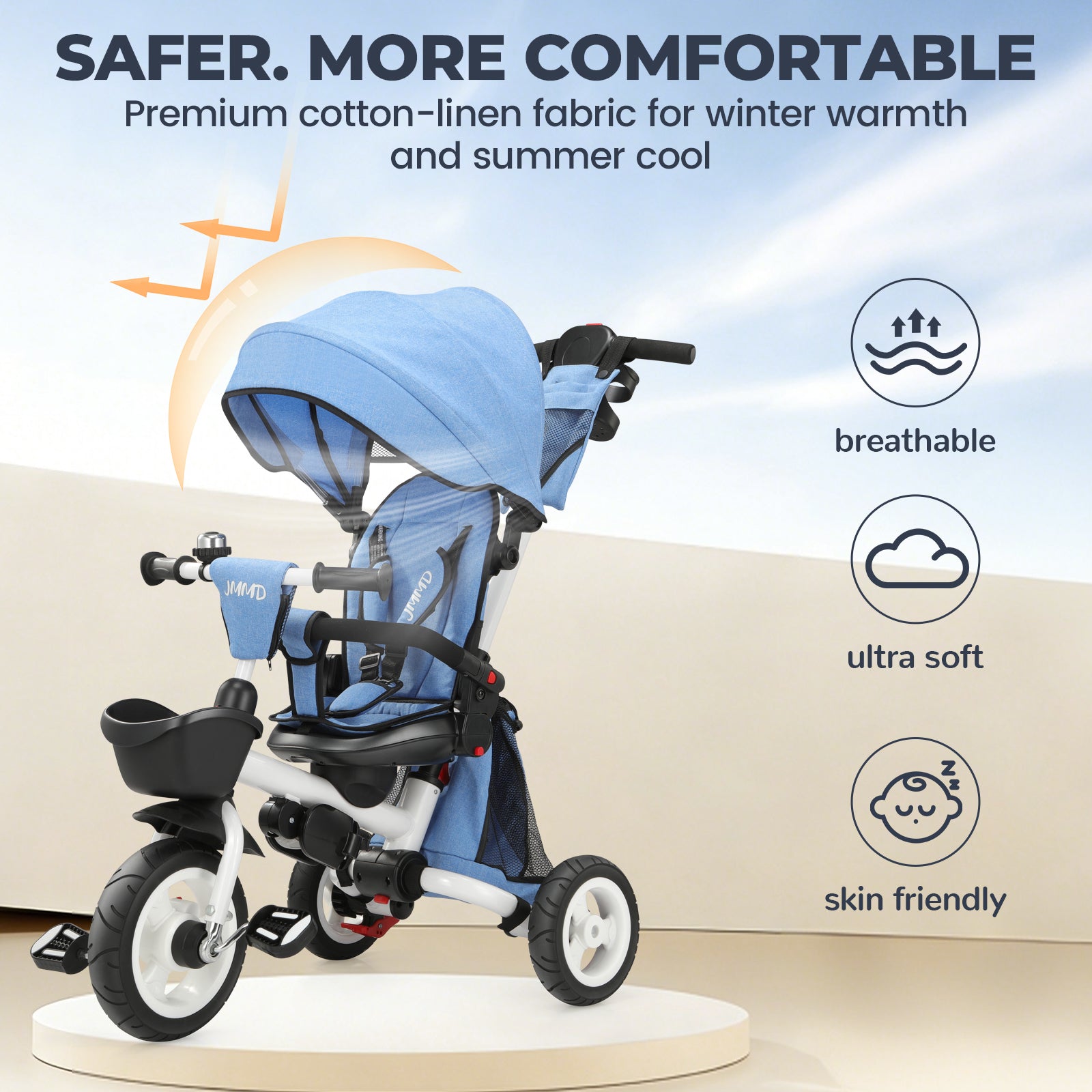 #color_denim-blue JMMD B56 8-in-1 Family Trike in Denim Blue showing breathable cotton-linen fabric, soft seat padding, and skin-friendly comfort features