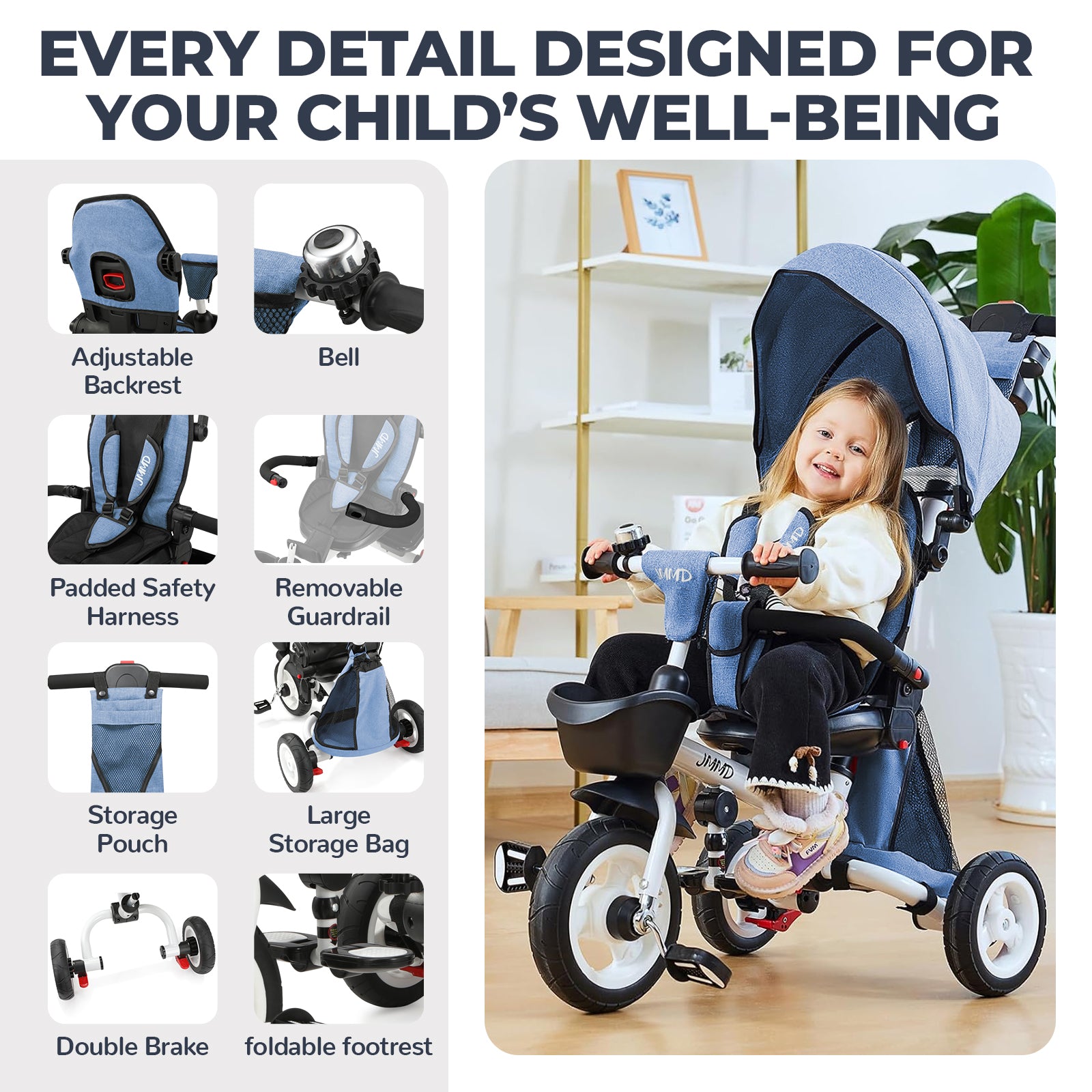 #color_denim-blue JMMD B56 8-in-1 Family Trike in Denim Blue showing adjustable backrest, bell, padded safety harness, removable guardrail, storage pouch, large storage bag, double brake, and foldable footrest
