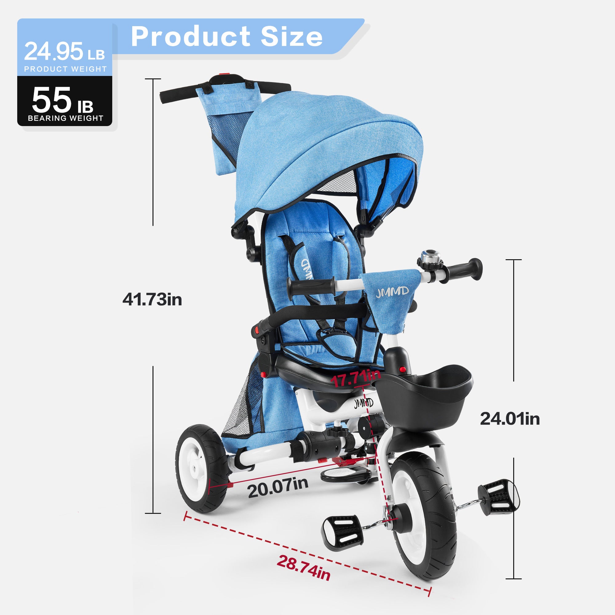 #color_denim-blue JMMD B56 8-in-1 Family Trike in Denim Blue product size and weight chart showing overall dimensions, product weight, and bearing weight