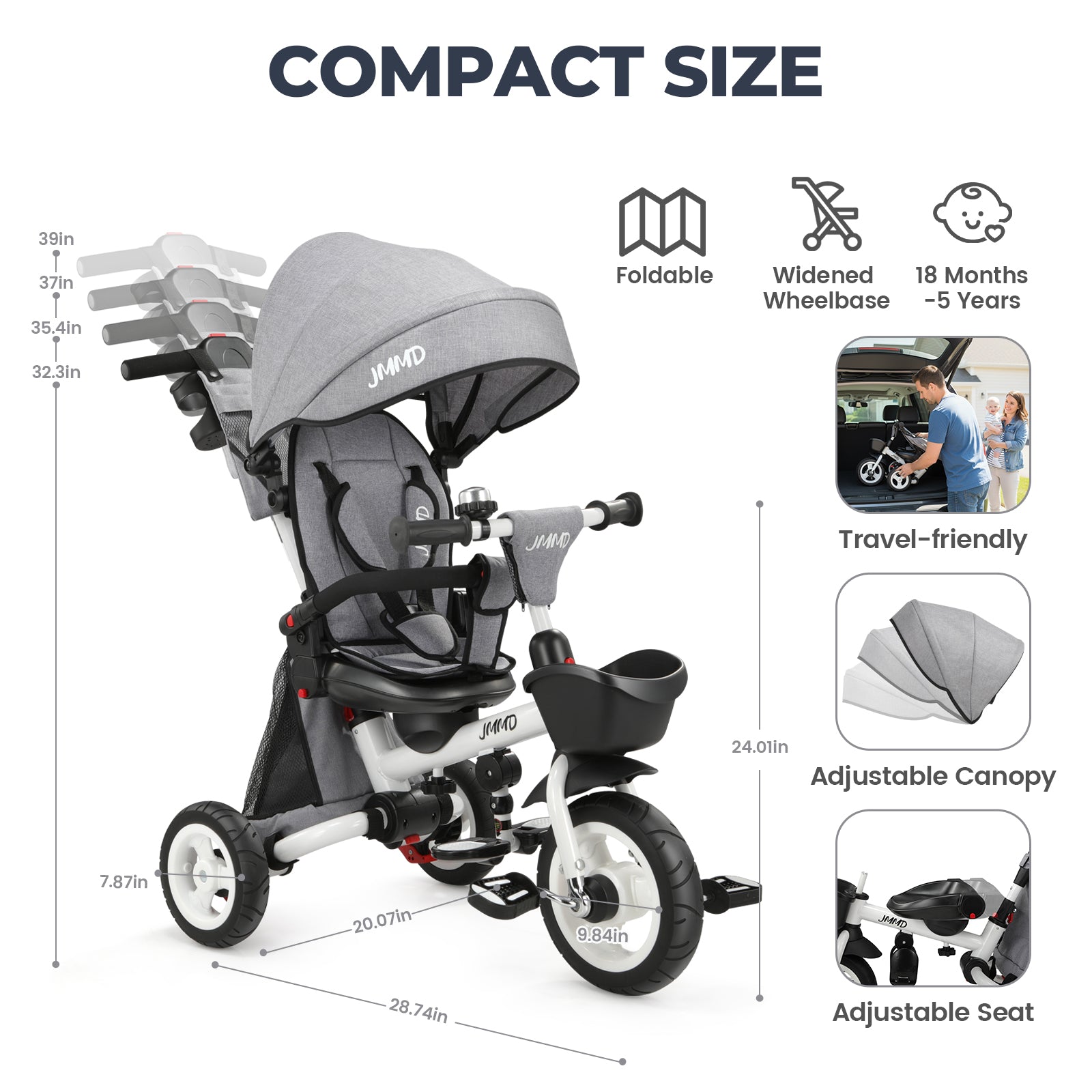 Toddler Tricycle with Push Handle & Canopy | JMMD B56