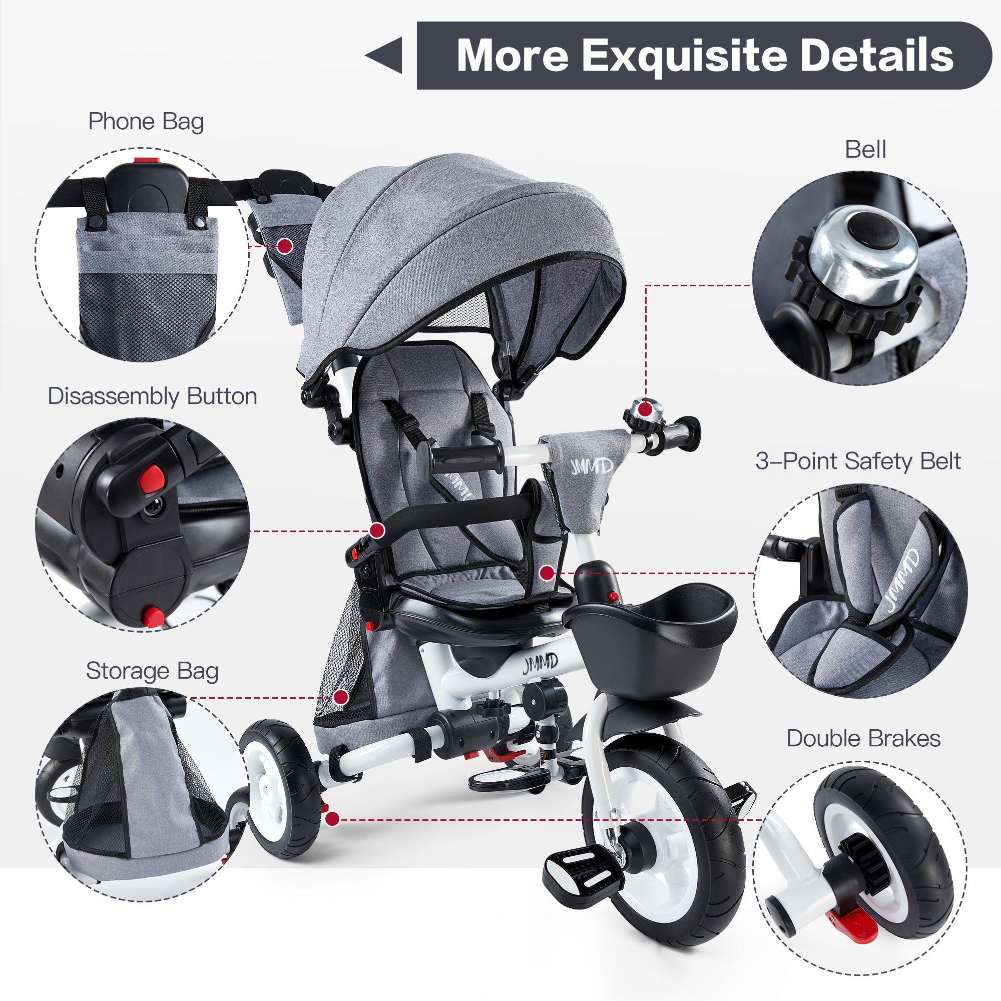 #color_light-grey JMMD B56 8-in-1 Family Trike in Light Grey showing phone bag, bell, 3-point safety belt, storage bag, disassembly button, and double brakes