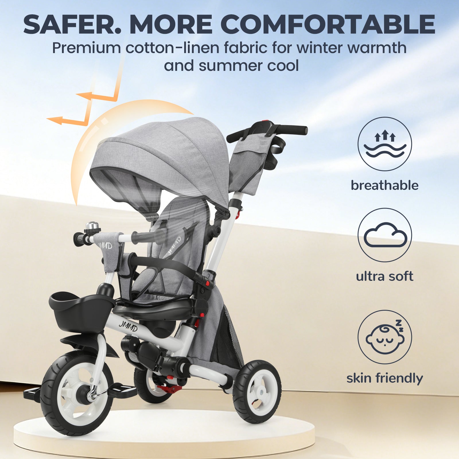 #color_light-grey JMMD B56 8-in-1 Family Trike in Light Grey showing breathable cotton-linen fabric, soft seat padding, and skin-friendly comfort features