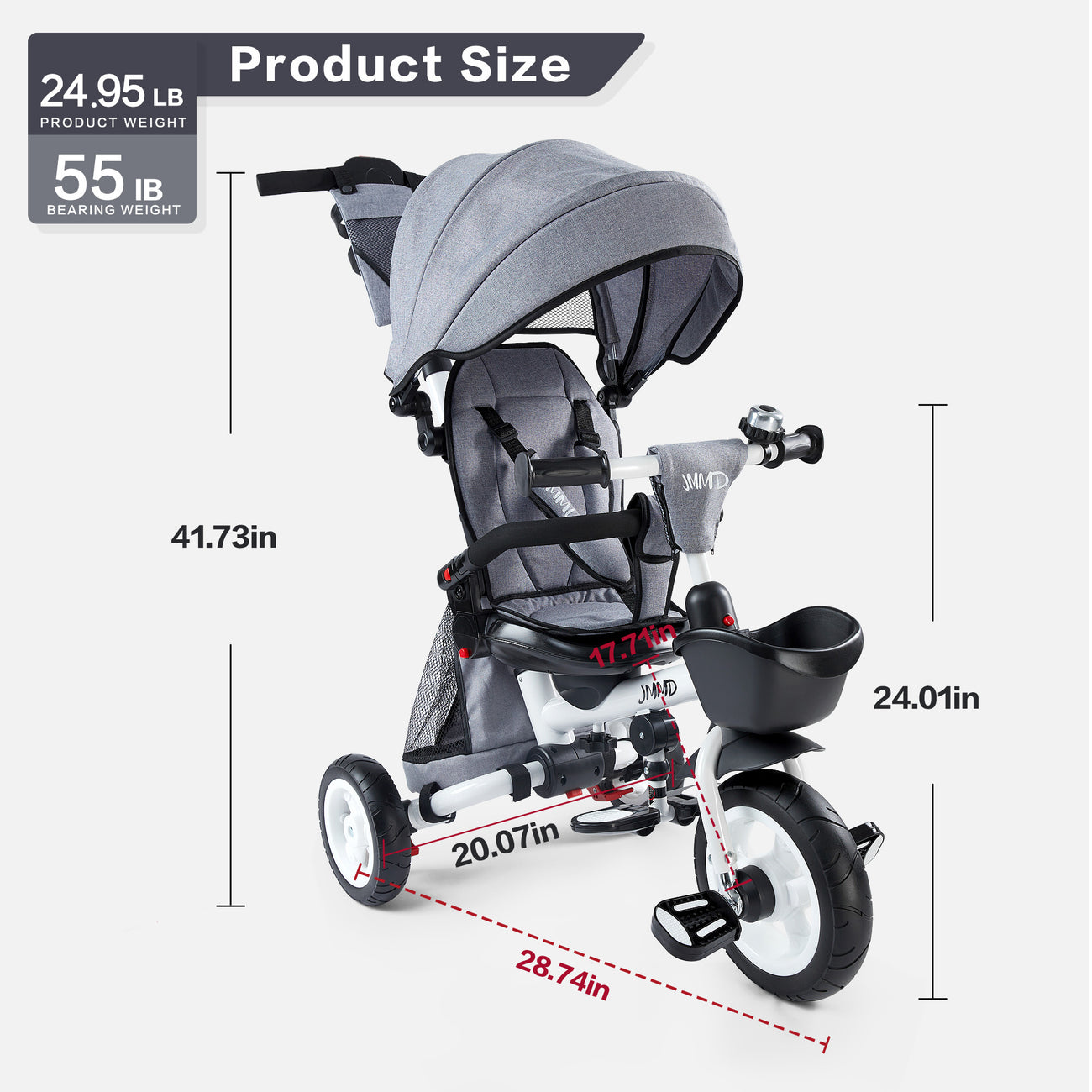 #color_light-grey JMMD B56 8-in-1 Family Trike in Light Grey product size and weight chart showing overall dimensions, product weight, and bearing weight