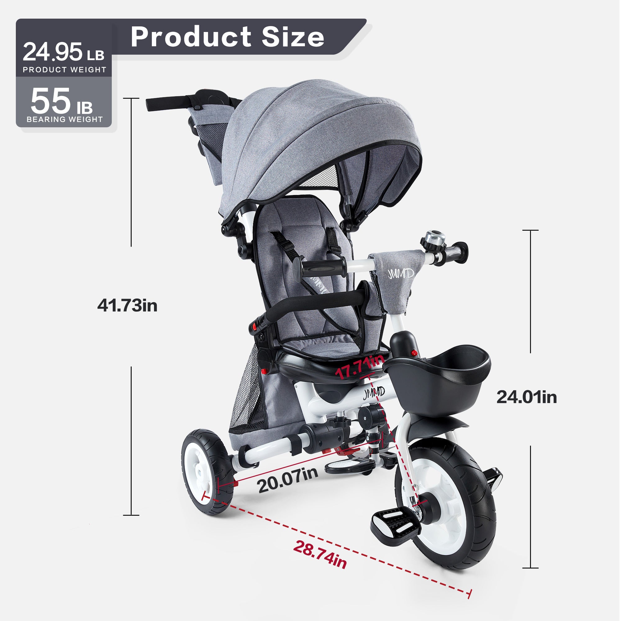 #color_light-grey JMMD B56 8-in-1 Family Trike in Light Grey product size and weight chart showing overall dimensions, product weight, and bearing weight