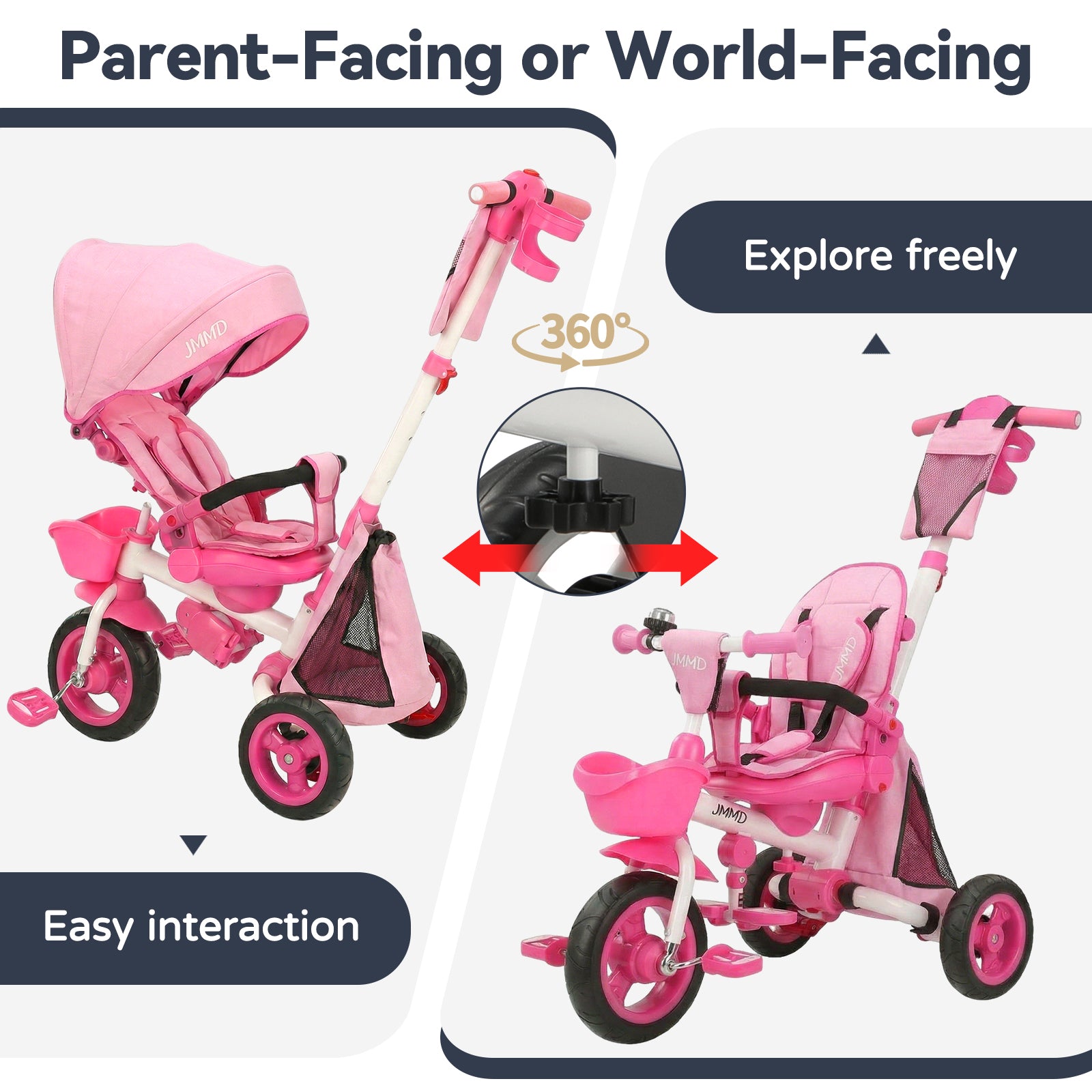 #color_soft-pink JMMD B56 8-in-1 Family Trike in Soft Pink showing parent-facing and world-facing seat positions with 360-degree rotation