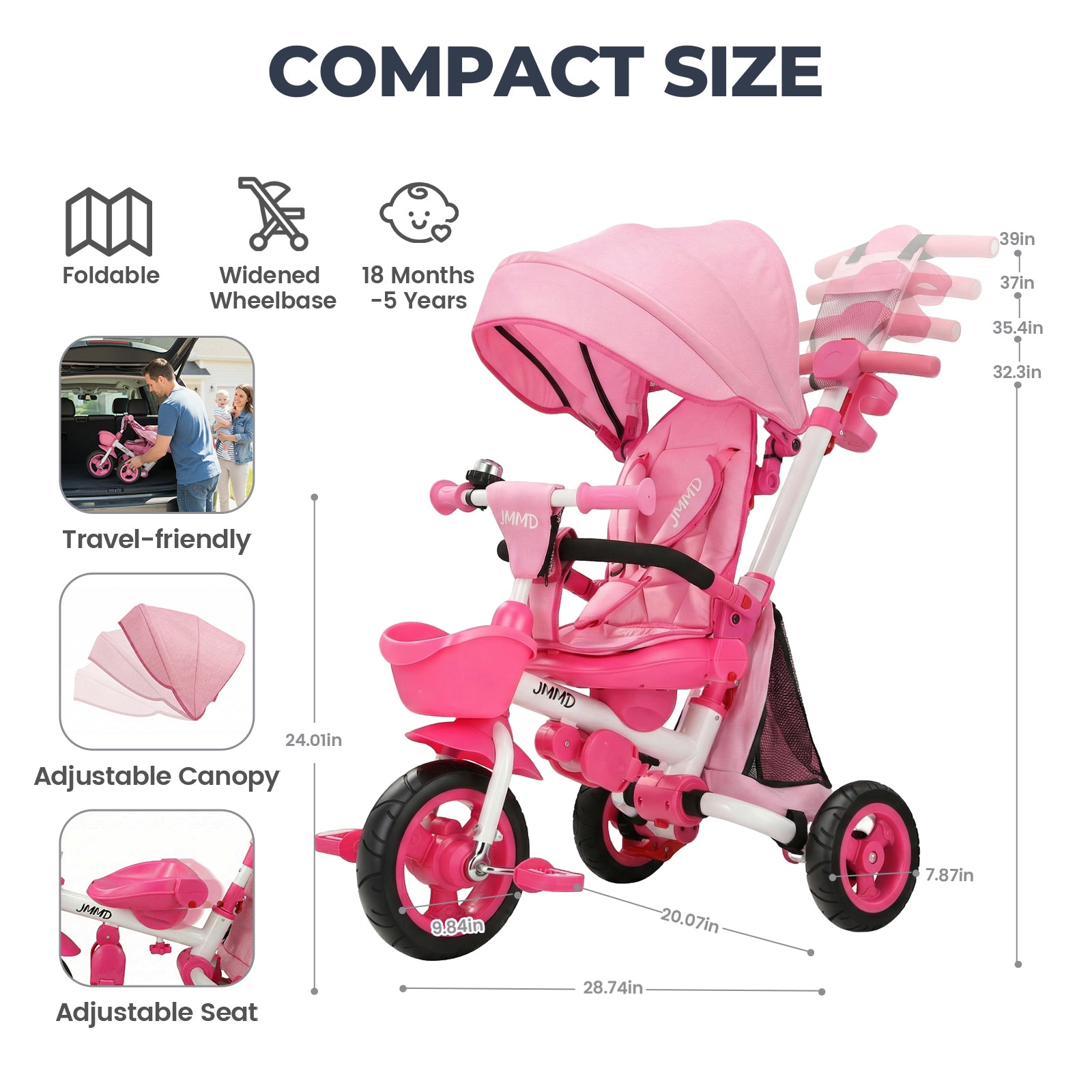 #color_soft-pink JMMD B56 8-in-1 Family Trike in Soft Pink showing compact size, foldable design, widened wheelbase, adjustable canopy, and adjustable seat