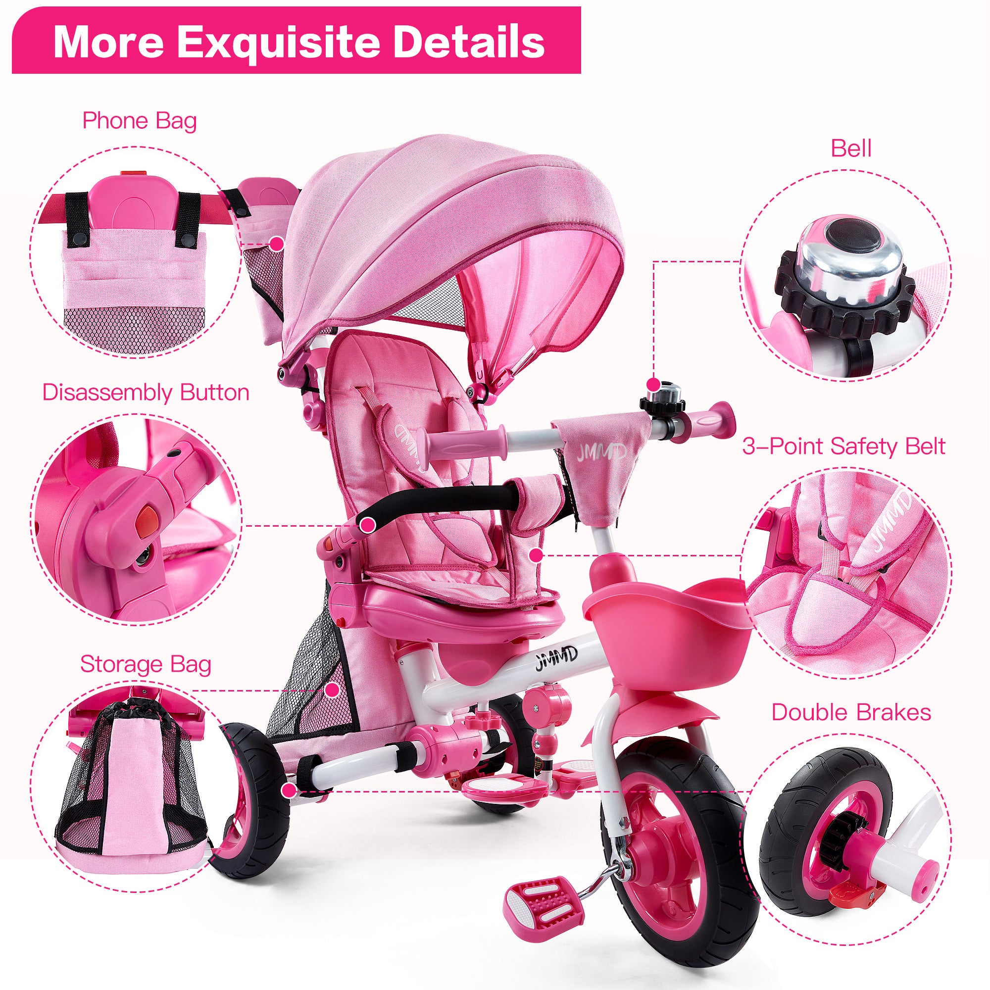 #color_soft-pink JMMD B56 8-in-1 Family Trike in Soft Pink showing phone bag, bell, 3-point safety belt, storage bag, disassembly button, and double brakes