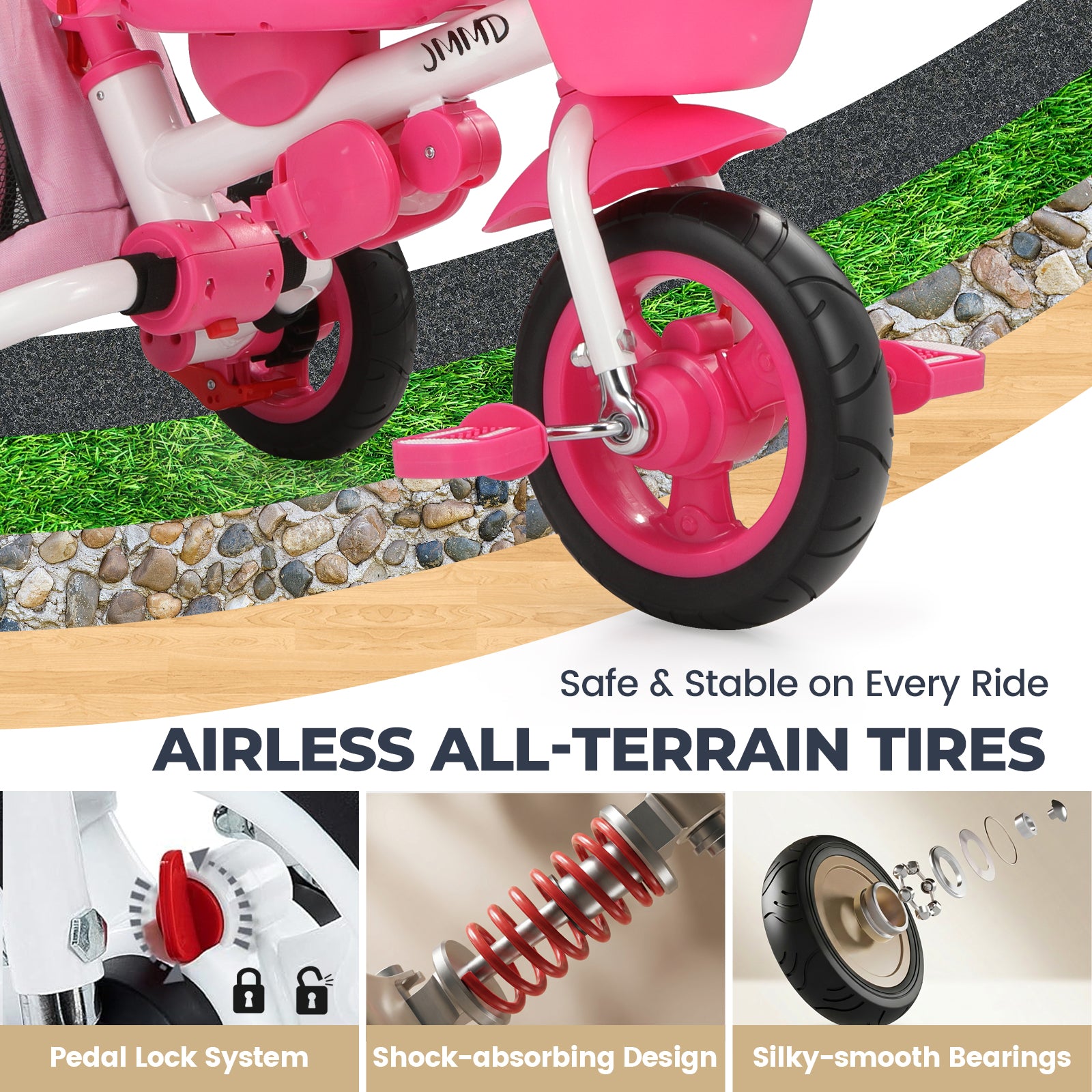 #color_soft-pink JMMD B56 8-in-1 Family Trike in Soft Pink showing airless all-terrain tires, pedal lock system, shock-absorbing design, and smooth bearings