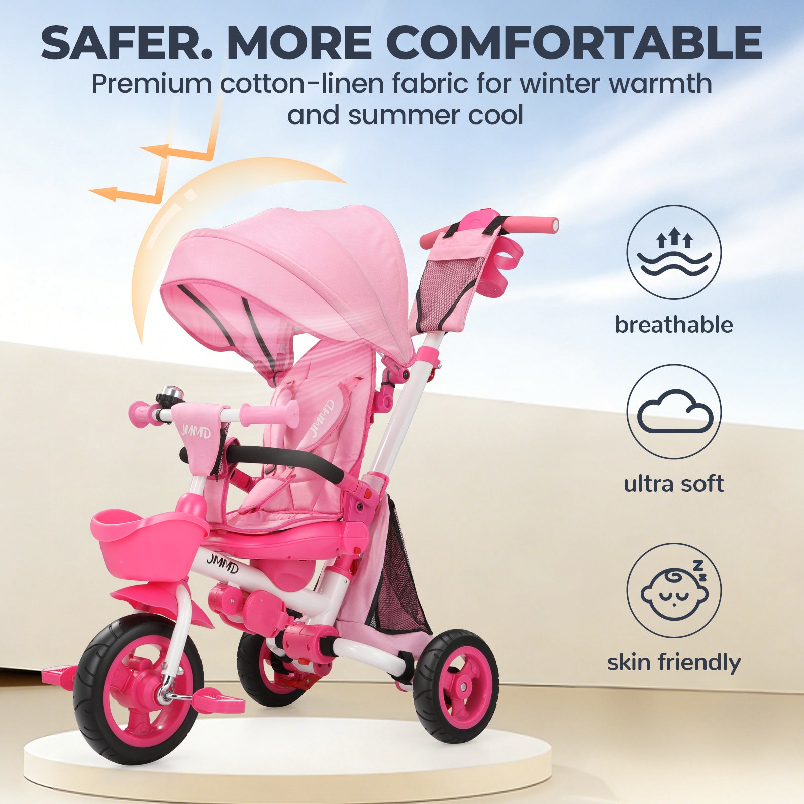 #color_soft-pink JMMD B56 8-in-1 Family Trike in Soft Pink showing breathable cotton-linen fabric, soft seat padding, and skin-friendly comfort features
