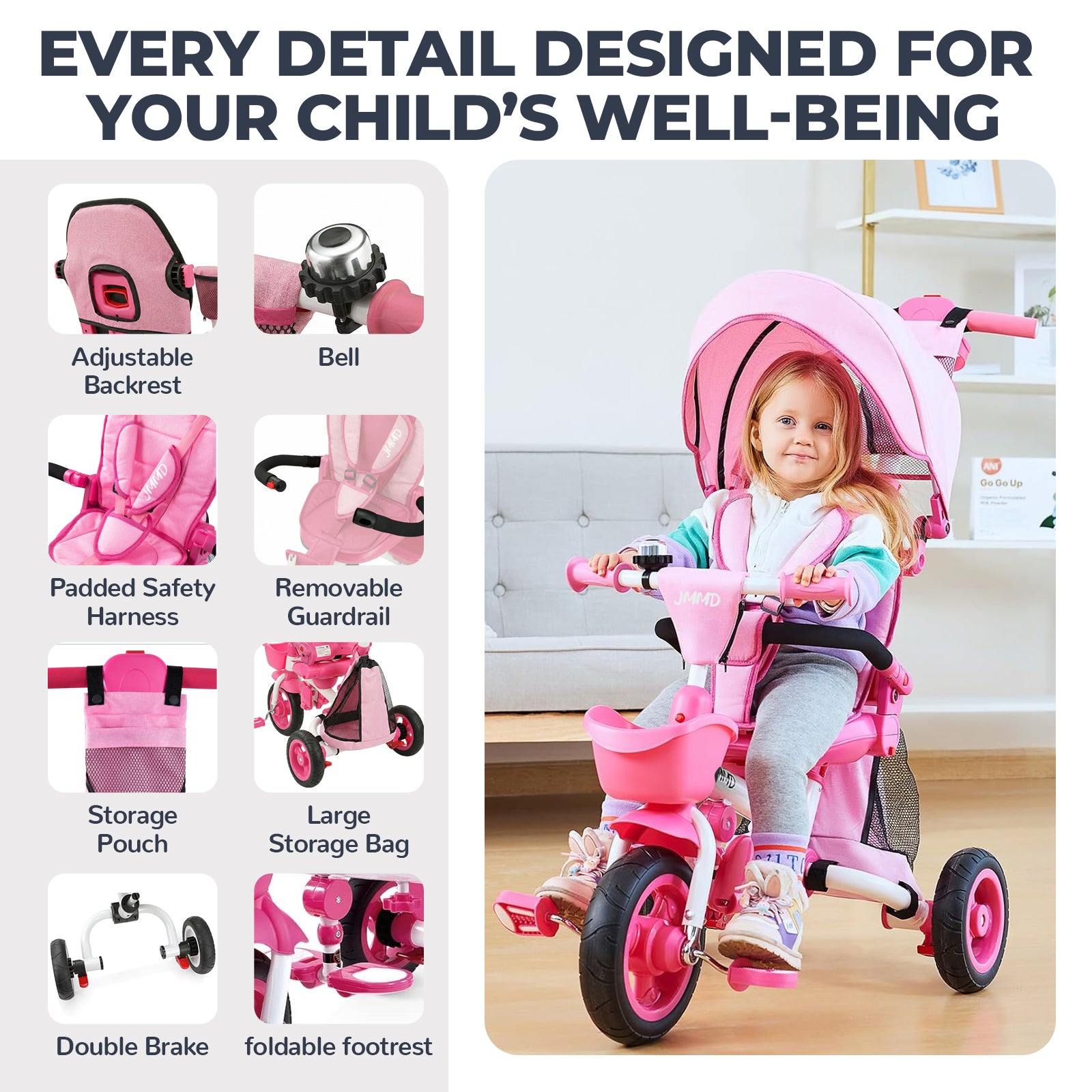 #color_soft-pink JMMD B56 8-in-1 Family Trike in Soft Pink showing adjustable backrest, bell, padded safety harness, removable guardrail, storage pouch, large storage bag, double brake, and foldable footrest
