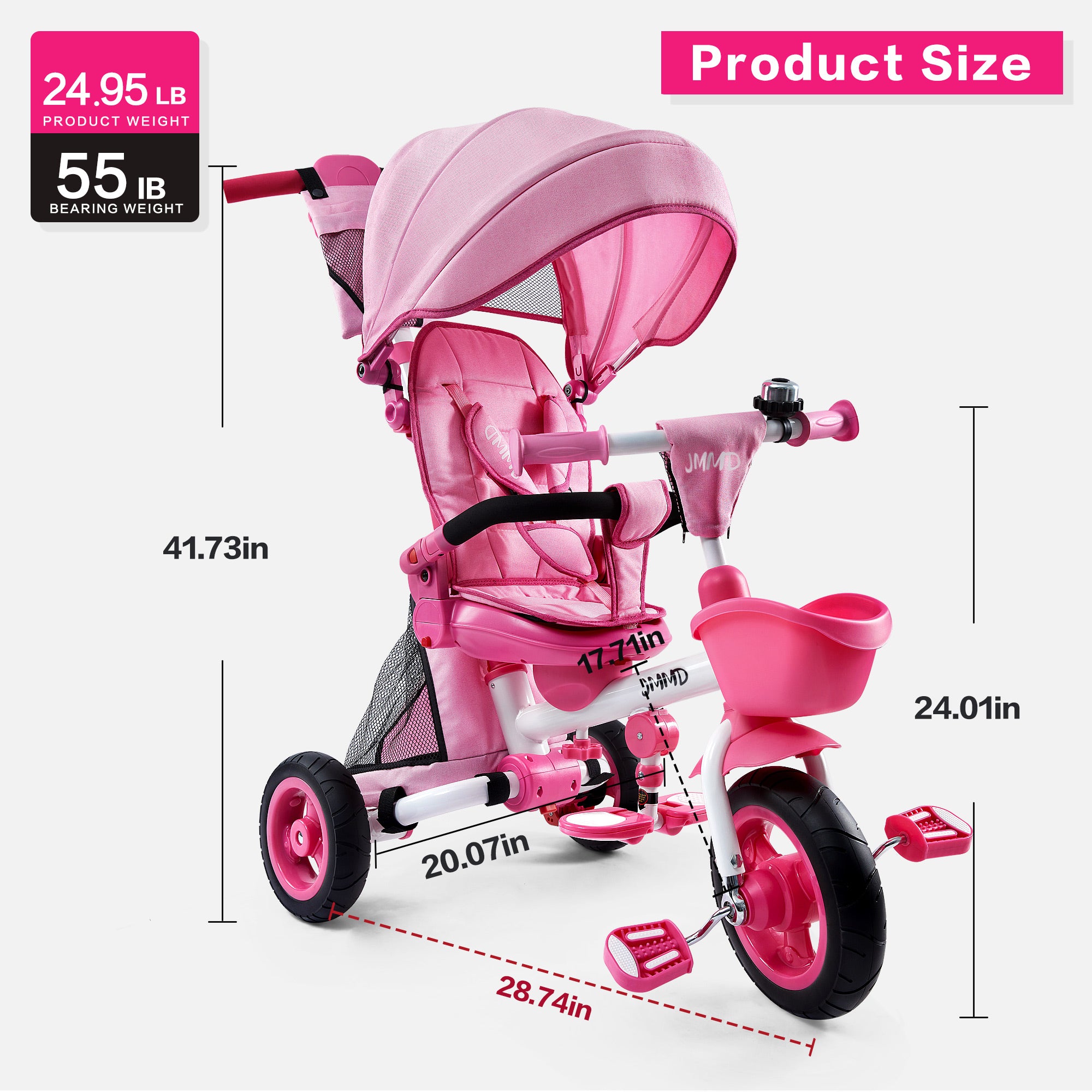 #color_soft-pink JMMD B56 8-in-1 Family Trike in Soft Pink product size and weight chart showing overall dimensions, product weight, and bearing weight