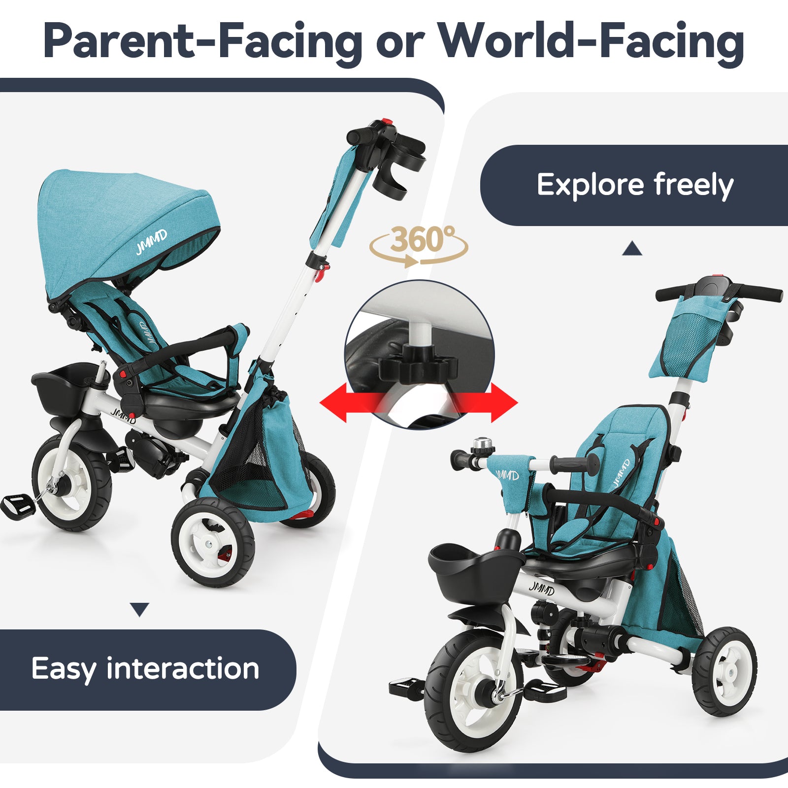#color_teal-green JMMD B56 8-in-1 Family Trike in Teal Green showing parent-facing and world-facing seat positions with 360-degree rotation