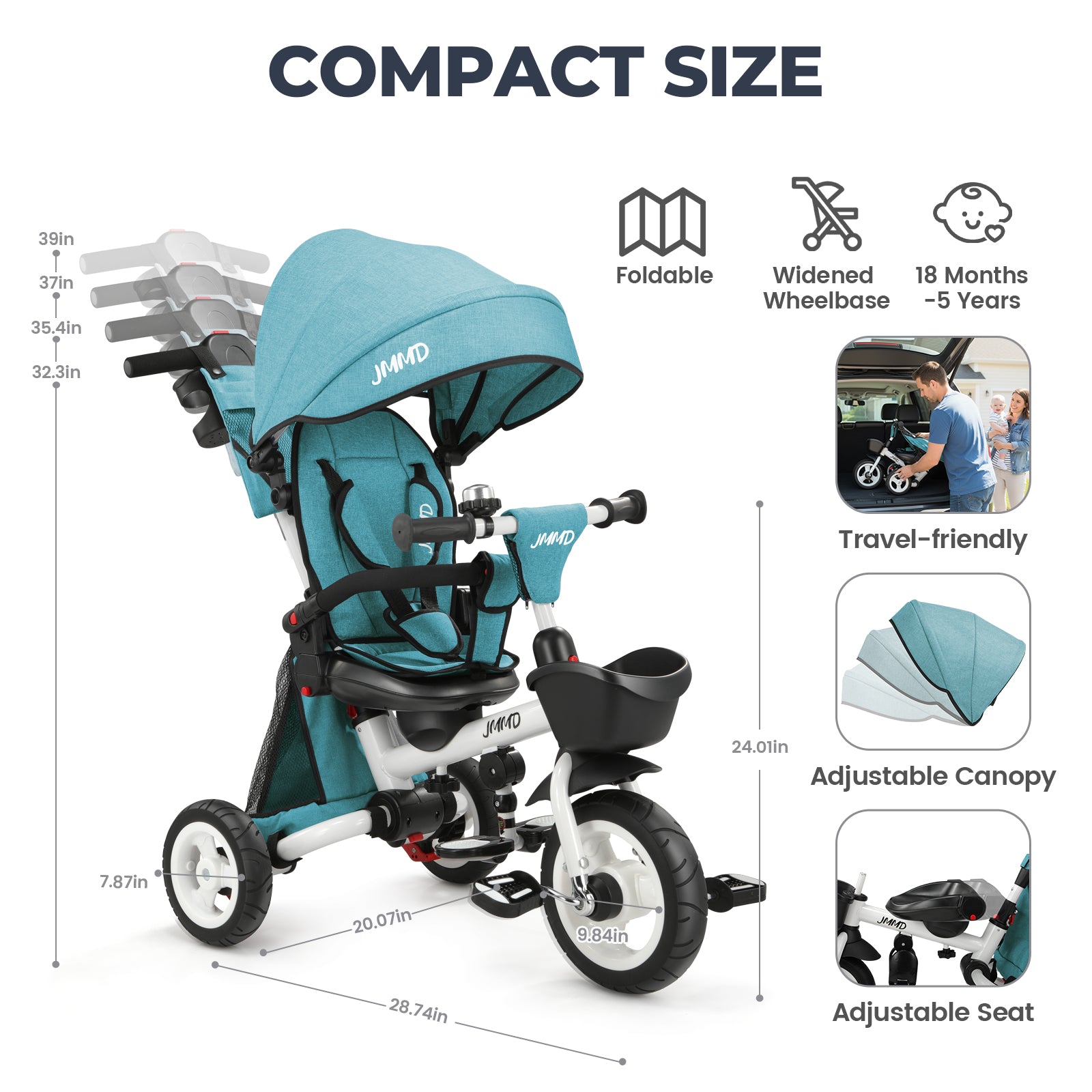 #color_teal-green JMMD B56 8-in-1 Family Trike in Teal Green showing compact size, foldable design, widened wheelbase, adjustable canopy, and adjustable seat