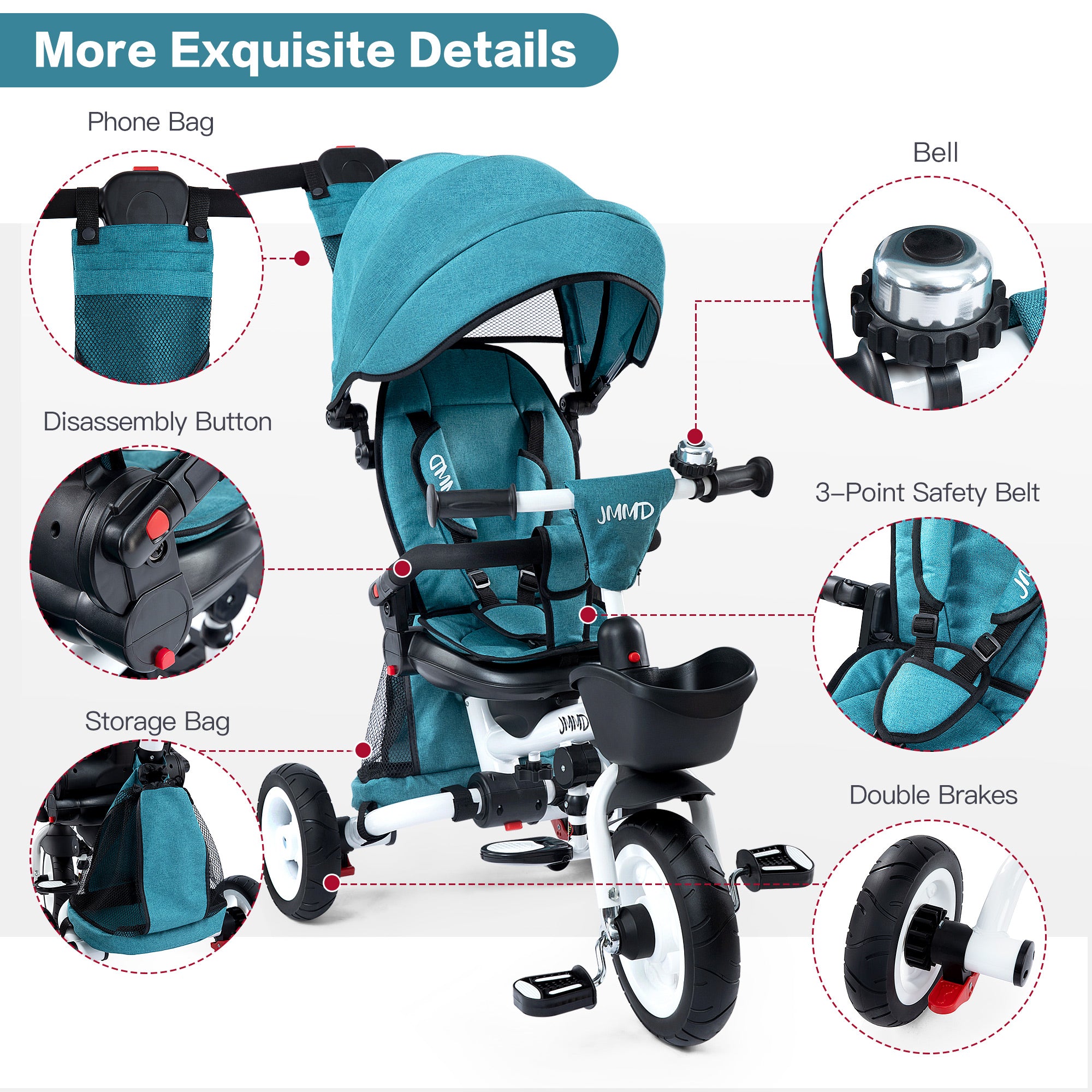 #color_teal-green JMMD B56 8-in-1 Family Trike in Teal Green showing phone bag, bell, 3-point safety belt, storage bag, disassembly button, and double brakes