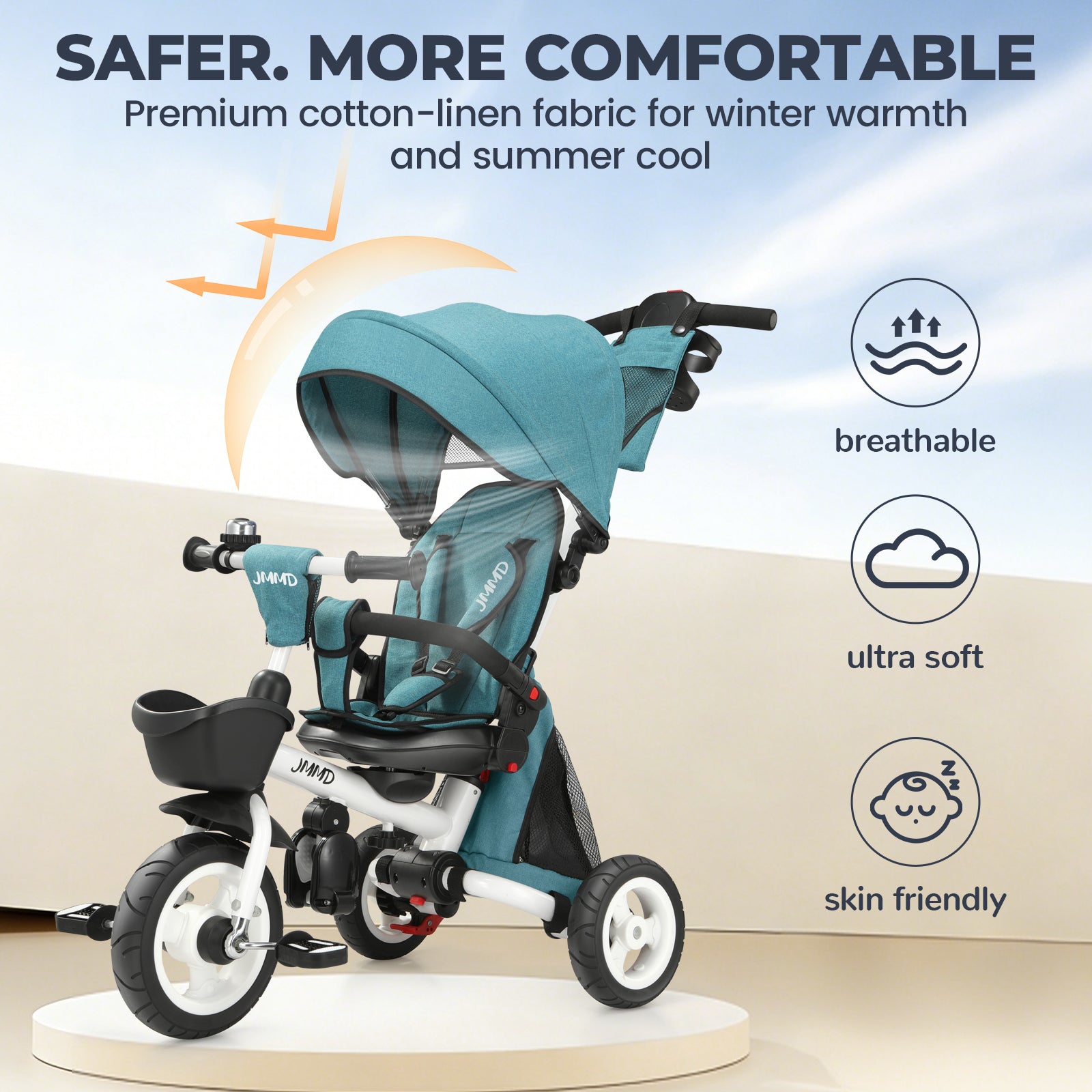 #color_teal-green JMMD B56 8-in-1 Family Trike in Teal Green showing breathable cotton-linen fabric, soft seat padding, and skin-friendly comfort features