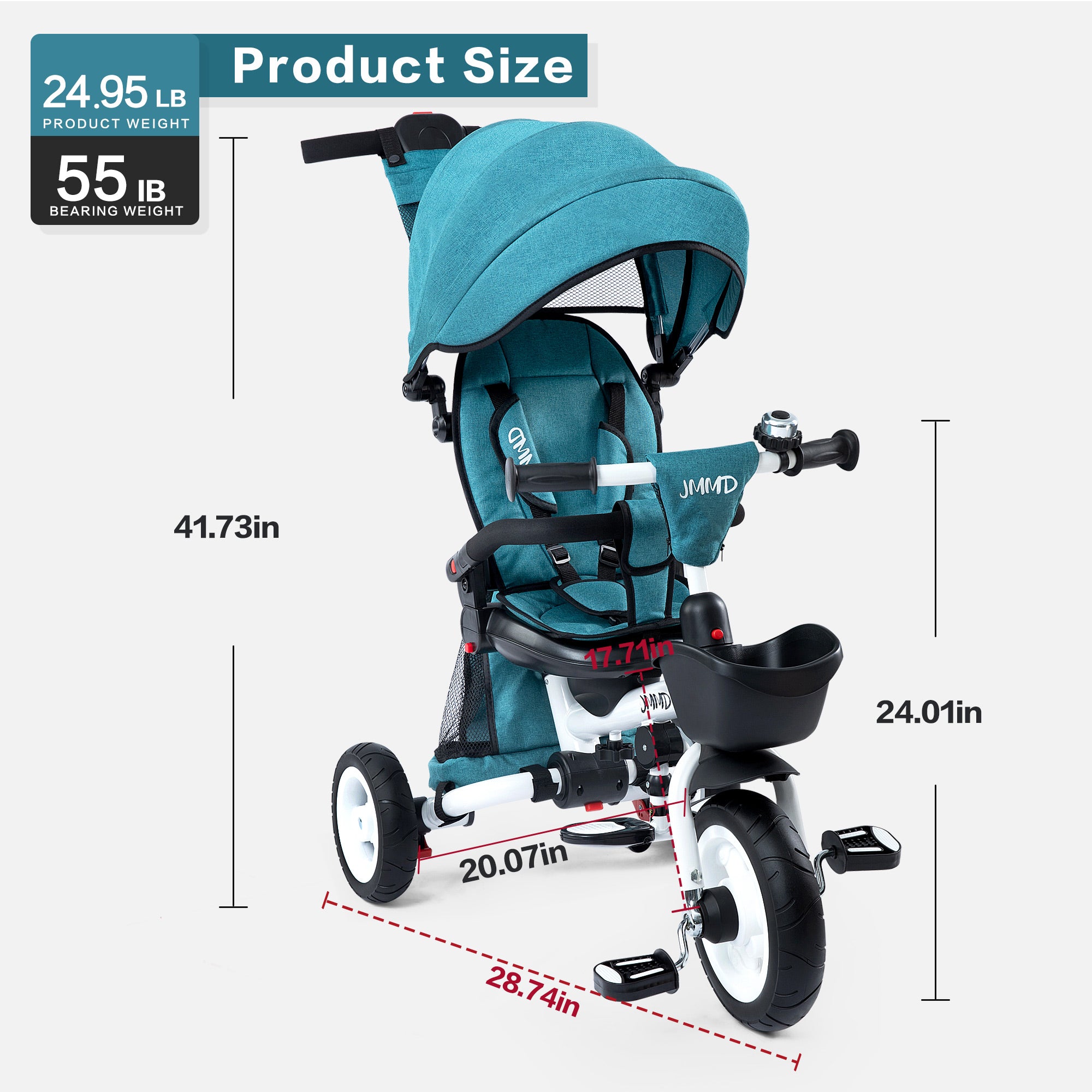 #color_teal-green JMMD B56 8-in-1 Family Trike in Teal Green product size and weight chart showing overall dimensions, product weight, and bearing weight