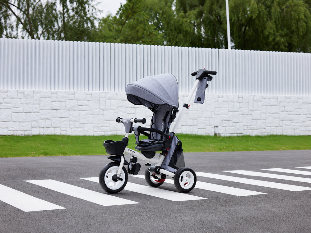 #color_all JMMD b56 gray kids tricycle displayed outdoors on a crosswalk with a green lawn background