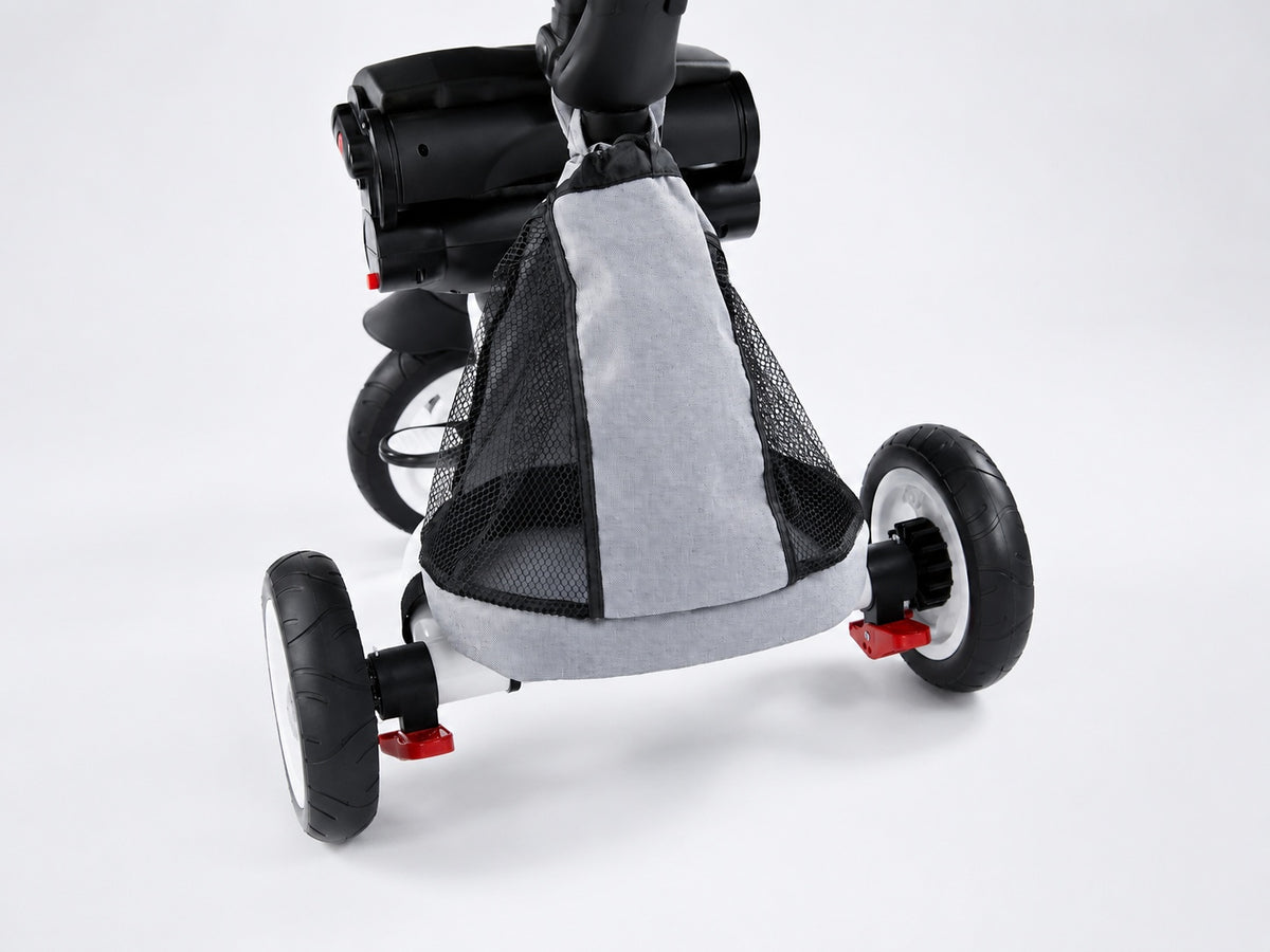 Close-up of the JMMD B56 rear storage bag with breathable mesh panels and rear wheels