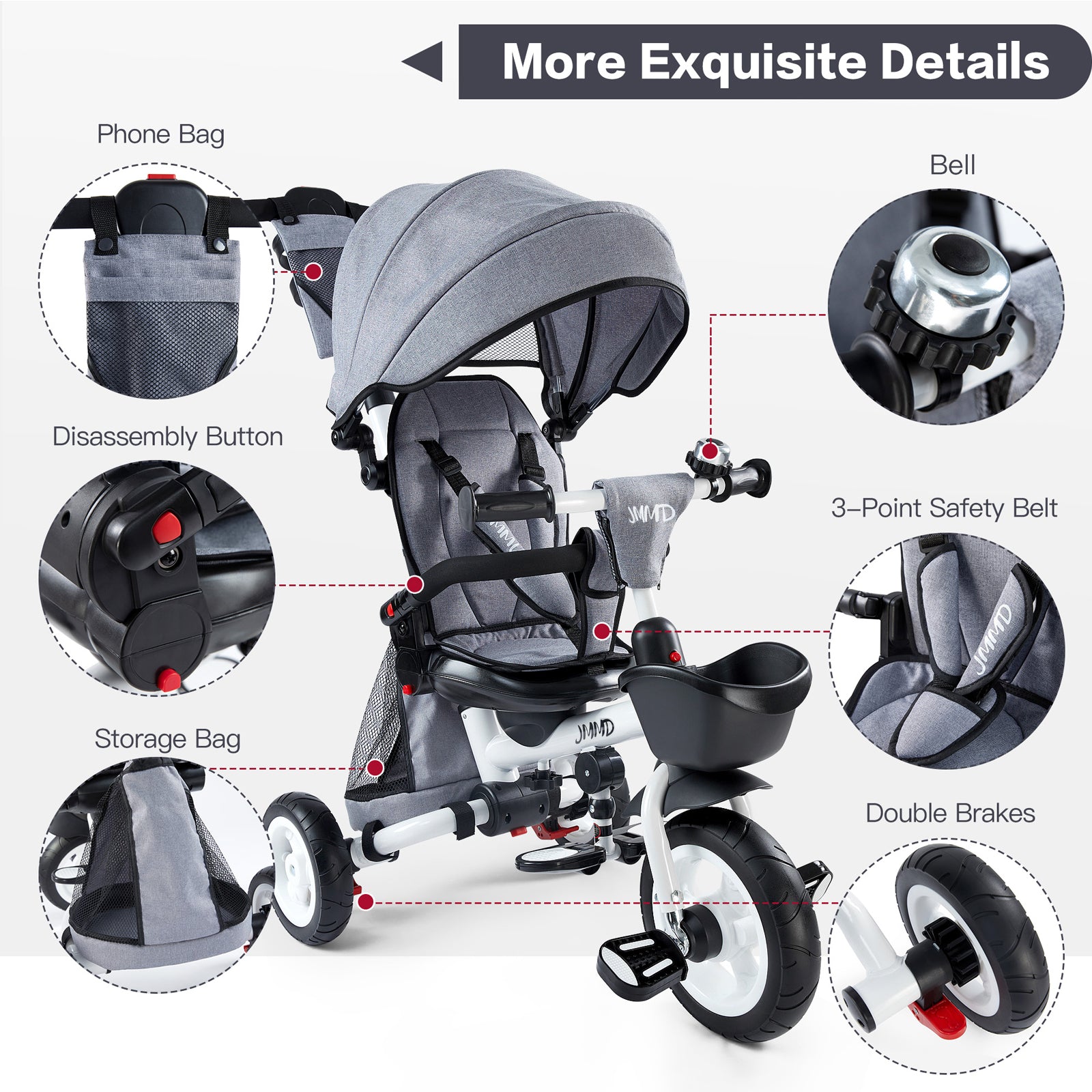JMMD B56 toddler tricycle detailed features including safety belt storage bag bell and double brake system