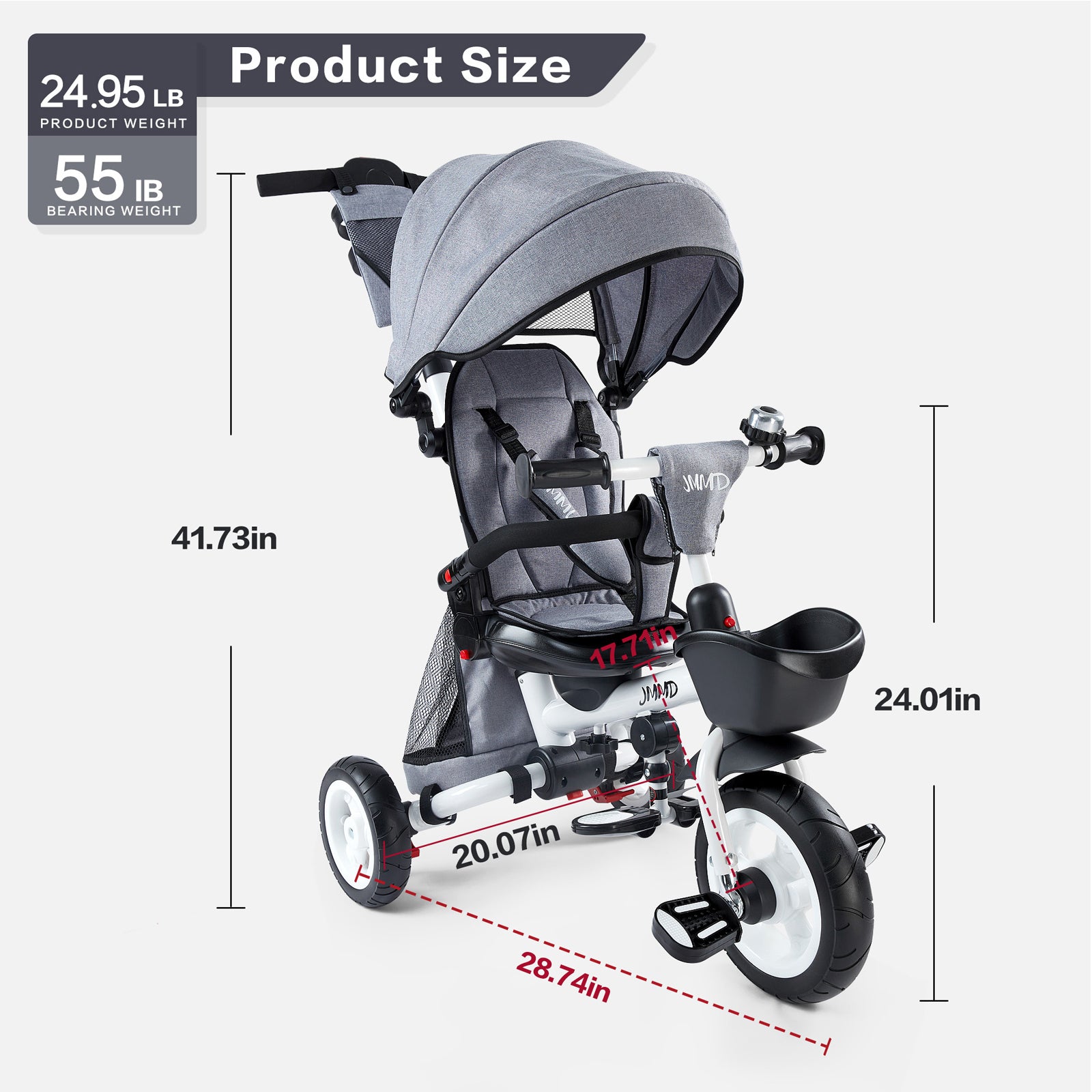 JMMD B56 toddler tricycle dimensions showing size weight and foldable design for storage and travel