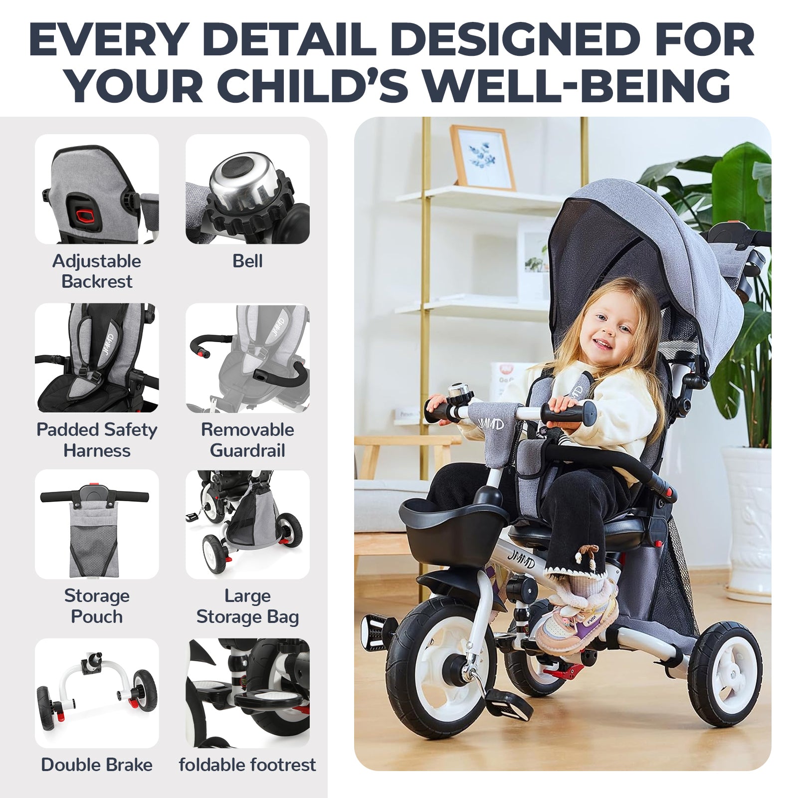 JMMD B56 toddler tricycle with adjustable backrest safety harness storage and foldable design
