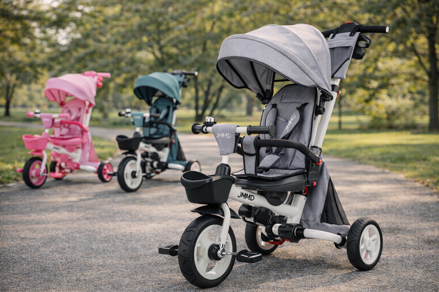 JMMD B56 toddler tricycle outdoor scene with multiple color options and parent push handle design
