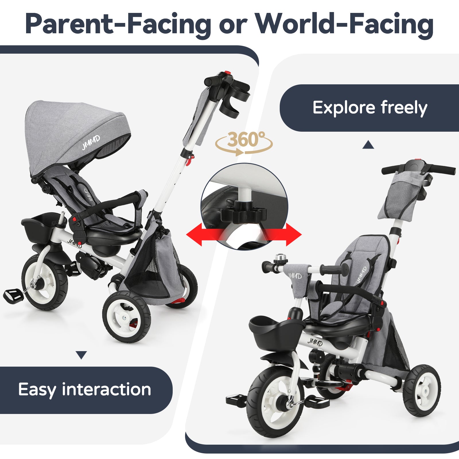 JMMD B56 toddler tricycle with parent facing and forward facing seat and push handle control